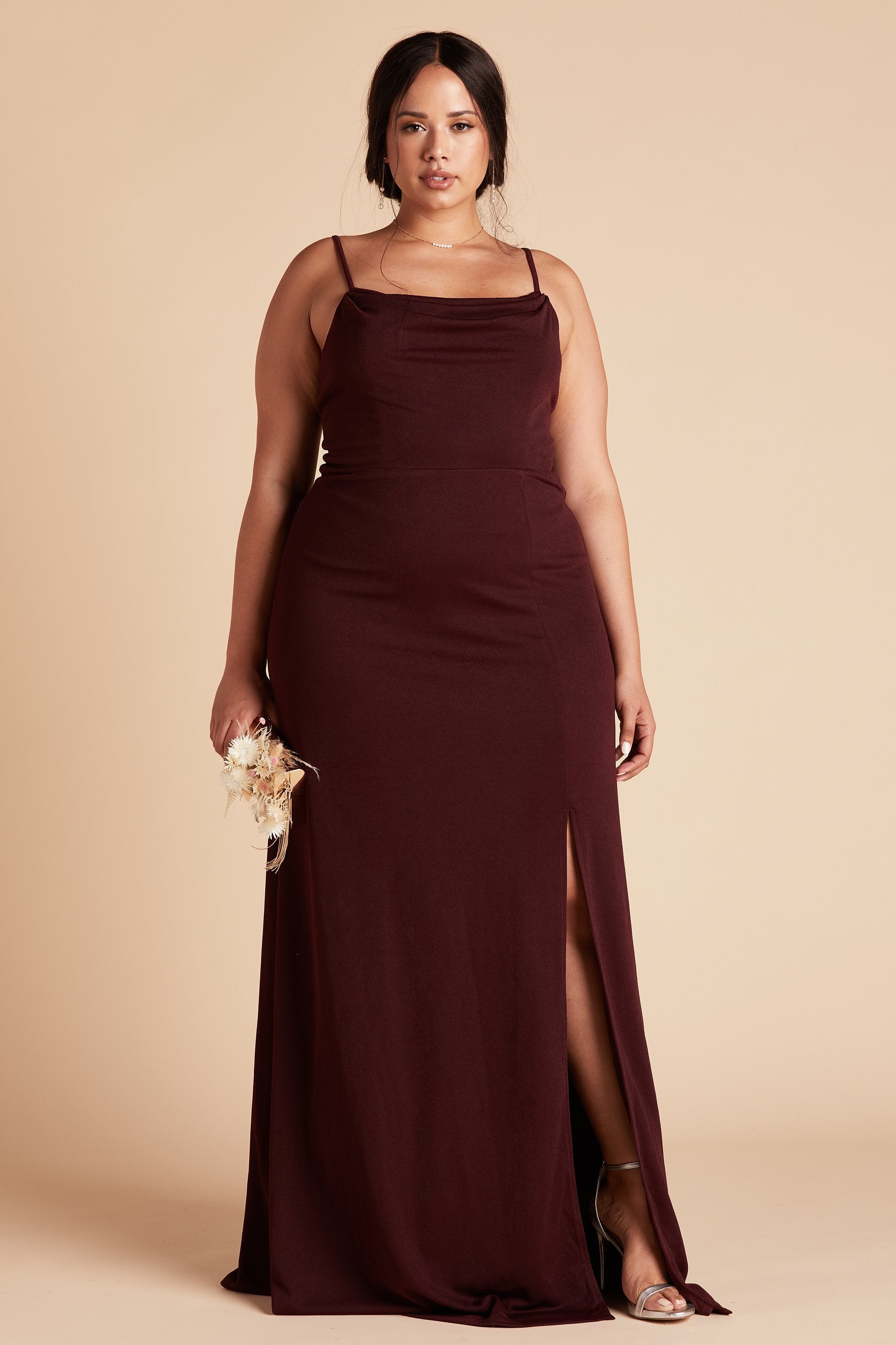 Ash plus size bridesmaid dress with slit in cabernet burgundy crepe by Birdy Grey, front view