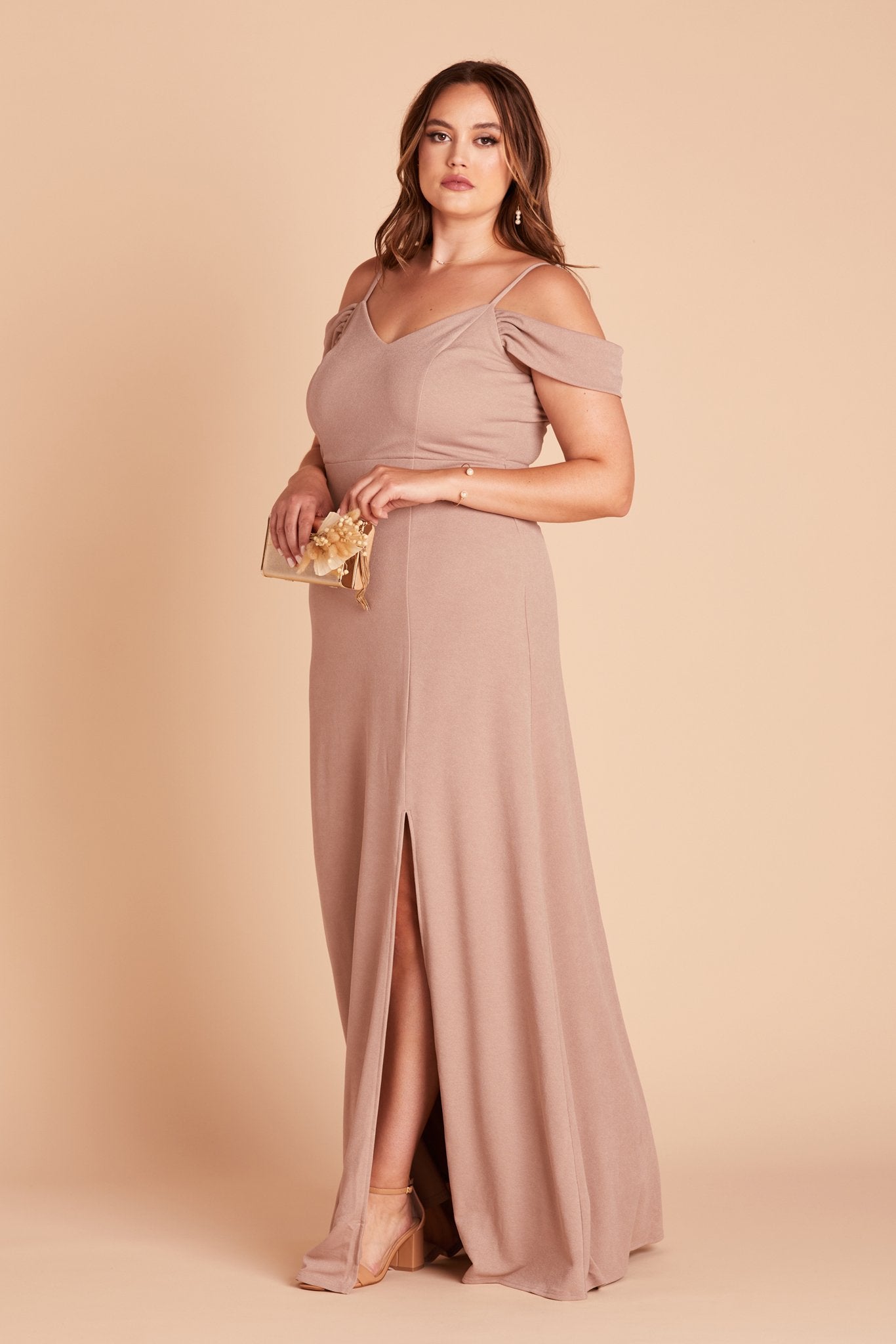 Dev plus size bridesmaid dress with slit in taupe crepe by Birdy Grey, side view