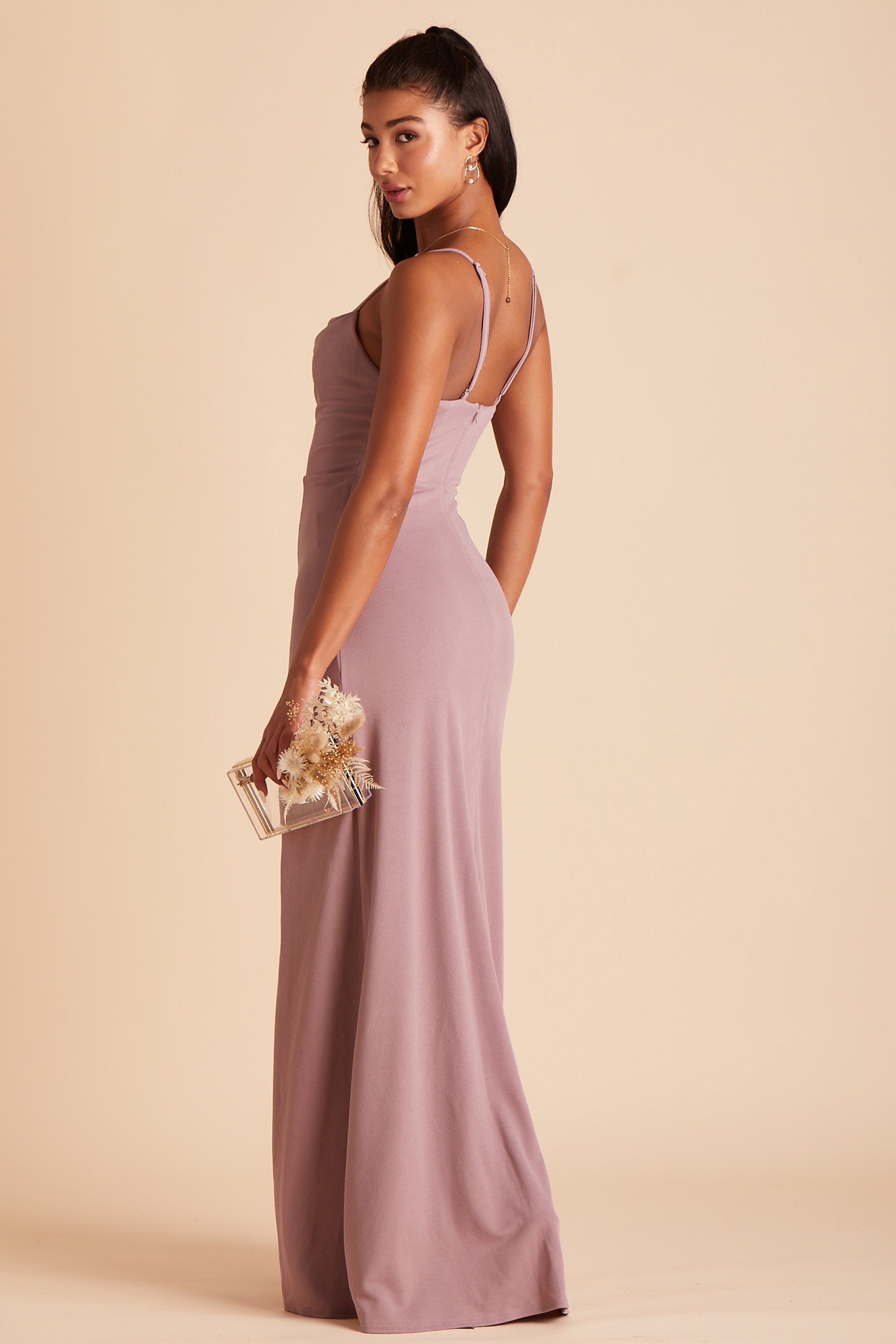 Ash bridesmaid dress in dark mauve crepe by Birdy Grey, side view