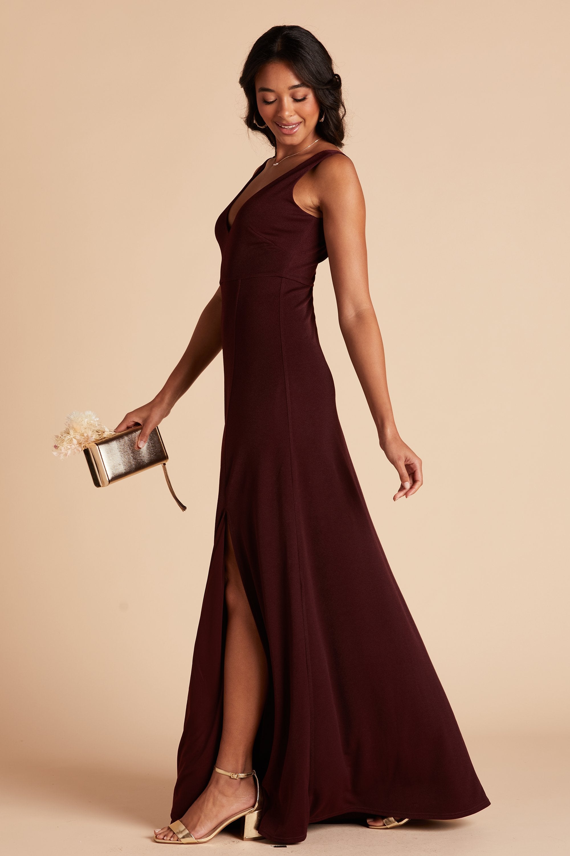 Shamin bridesmaid dress with slit in cabernet burgundy crepe by Birdy Grey, side view