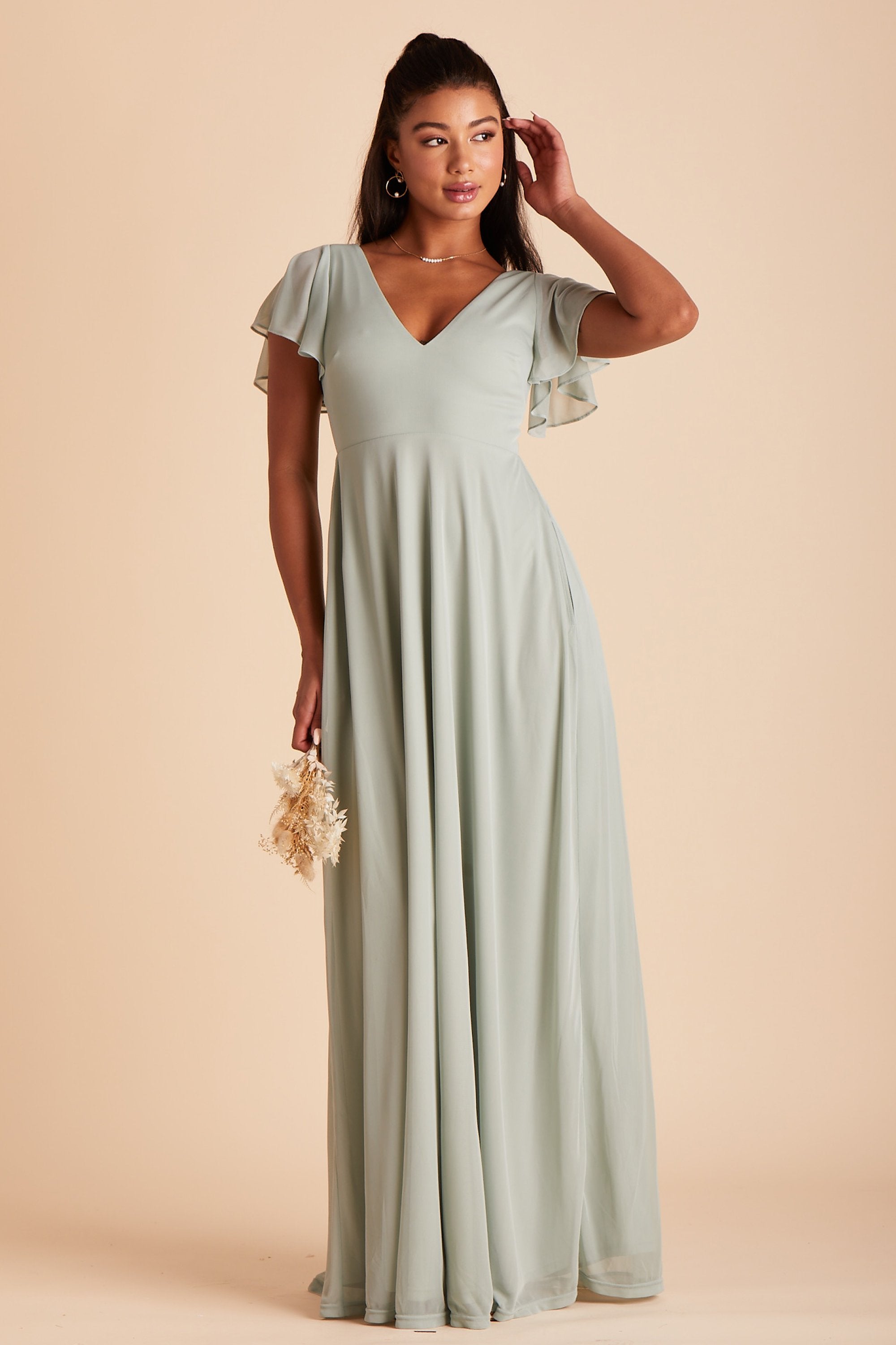 Hannah bridesmaids dress in sage green mesh by Birdy Grey, front view