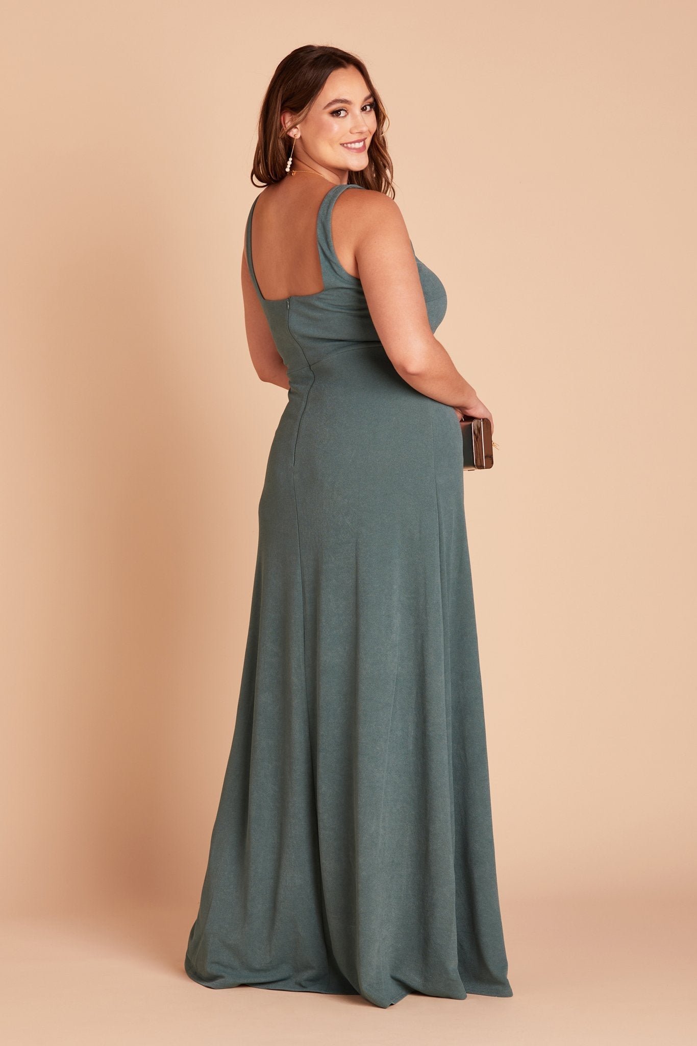 Alex convertible plus size bridesmaid dress with slit in sea glass green crepe by Birdy Grey, side view