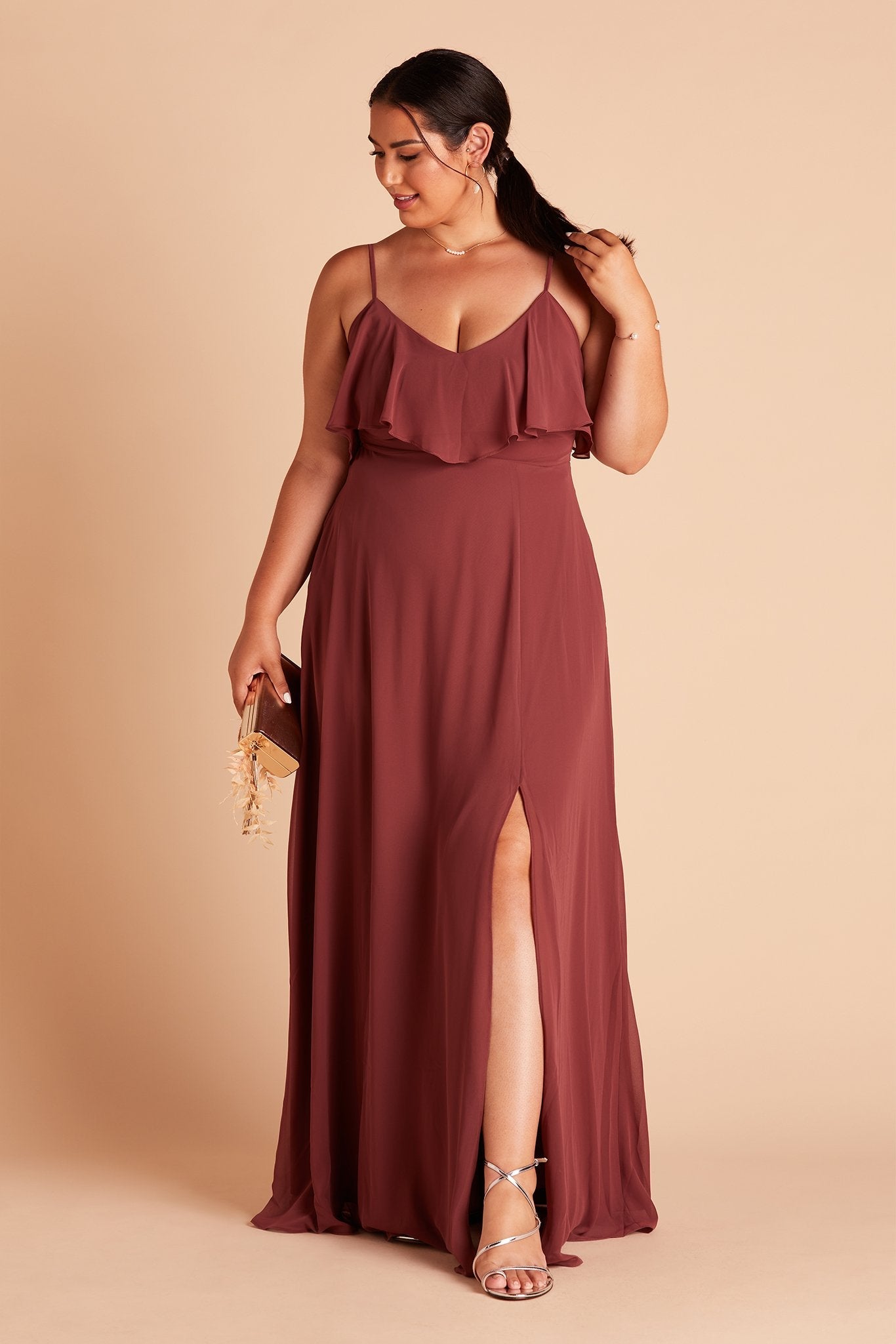 Jane convertible plus size bridesmaid dress with slit in rosewood chiffon by Birdy Grey, front view
