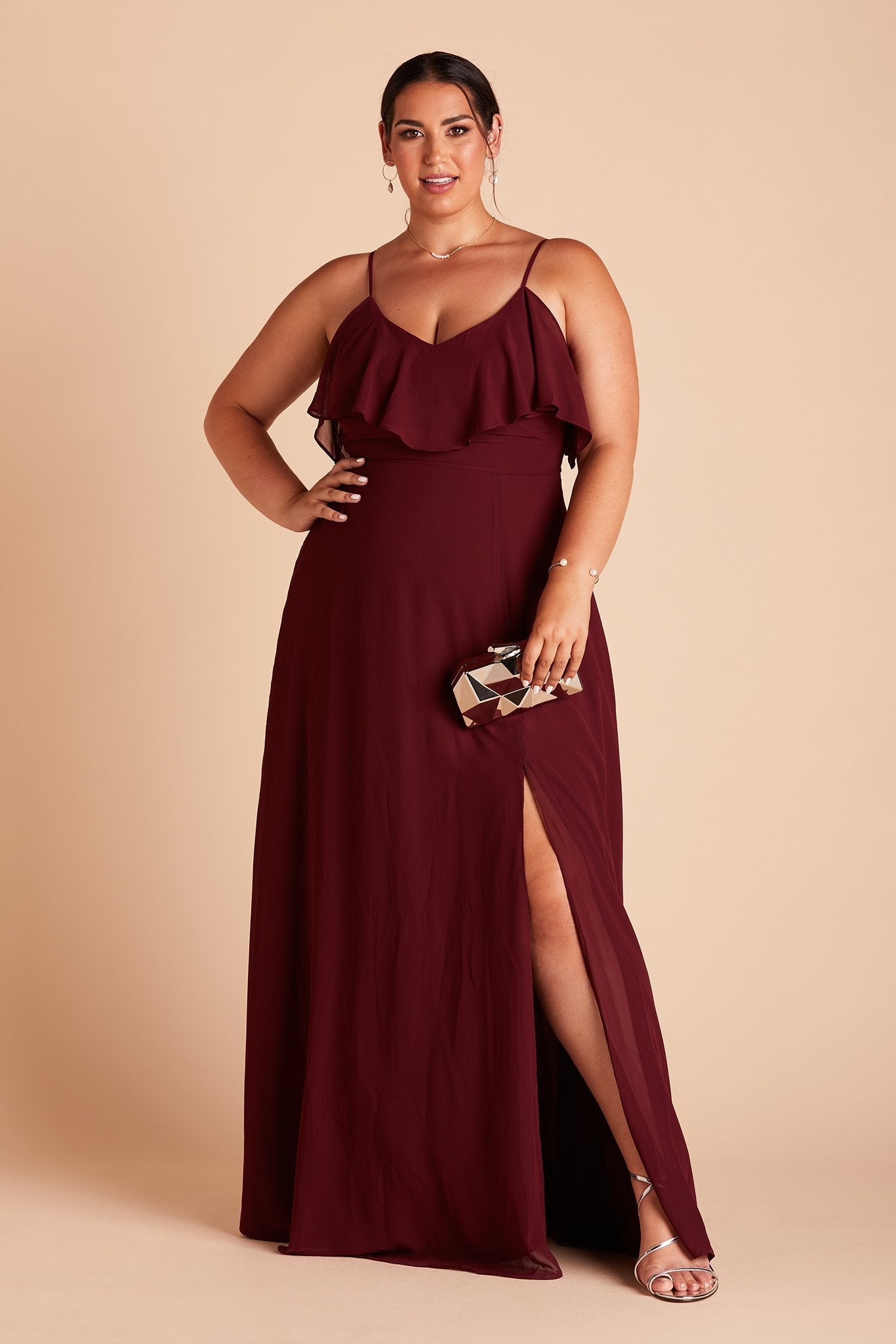 Jane convertible plus size bridesmaid dress with slit in Cabernet Burgundy chiffon by Birdy Grey, front view