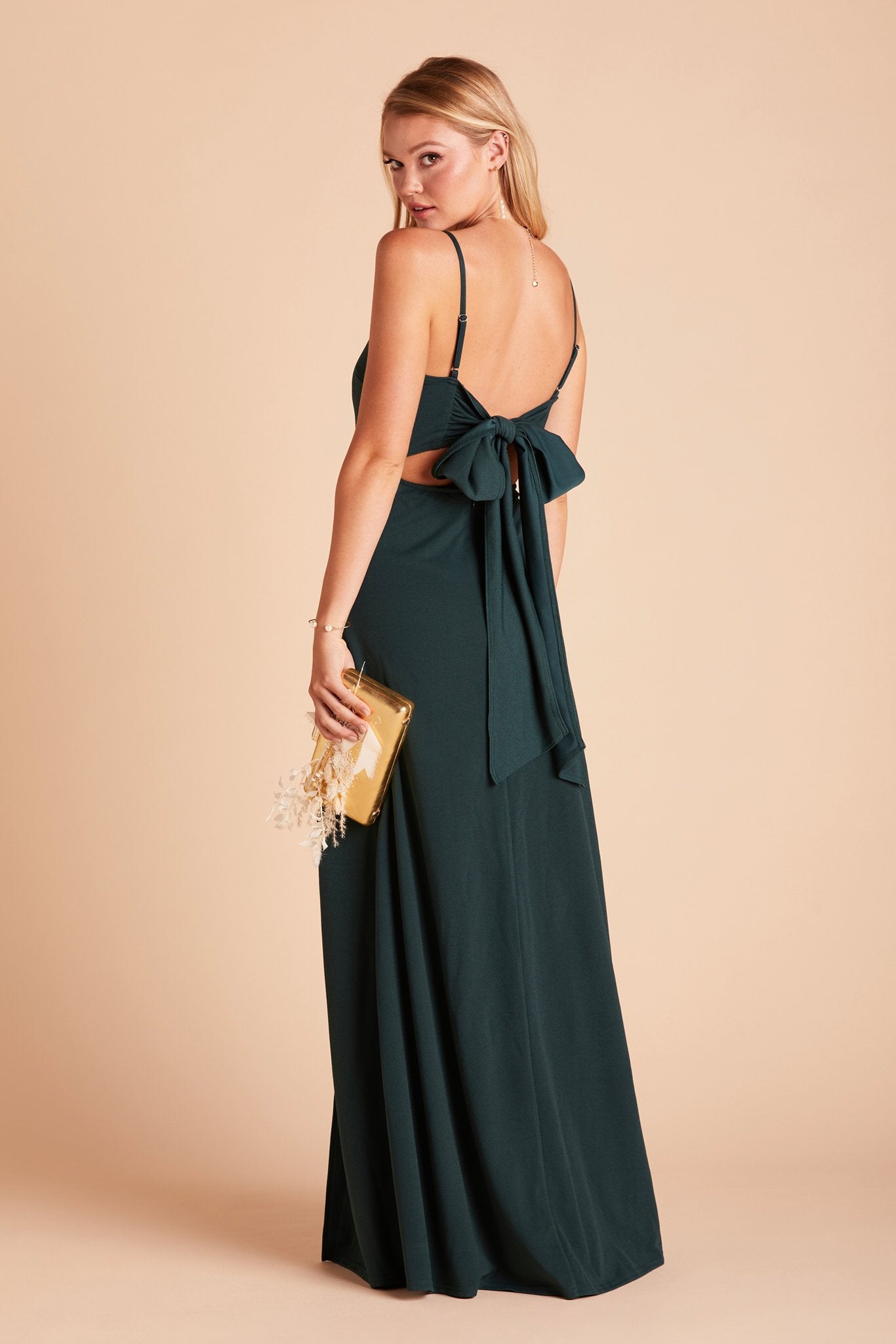 Benny bridesmaid dress in emerald green crepe by Birdy Grey, side view