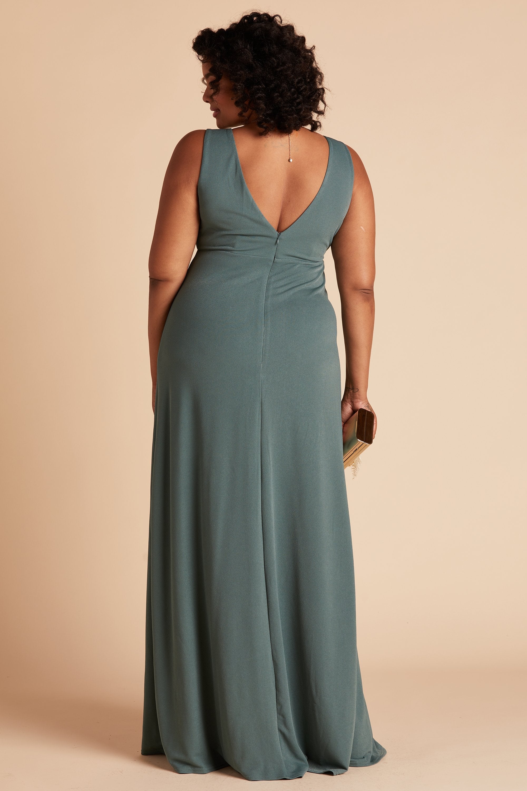 Shamin plus size bridesmaid dress with slit in sea glass green chiffon by Birdy Grey, back view