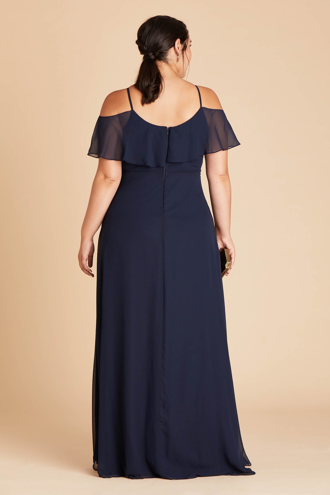 Jane convertible plus size bridesmaid dress in navy blue chiffon by Birdy Grey, back view