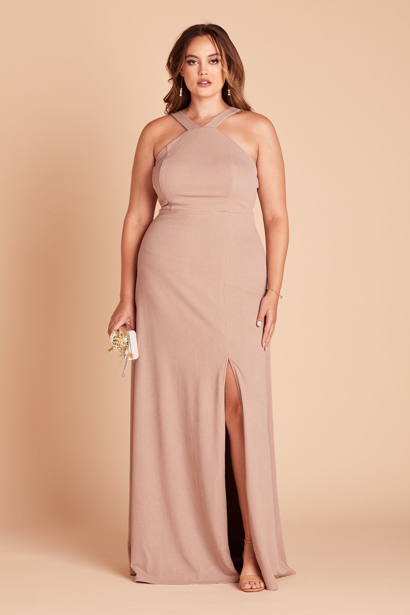 Gene plus size bridesmaid dress with slit in taupe crepe by Birdy Grey, front view