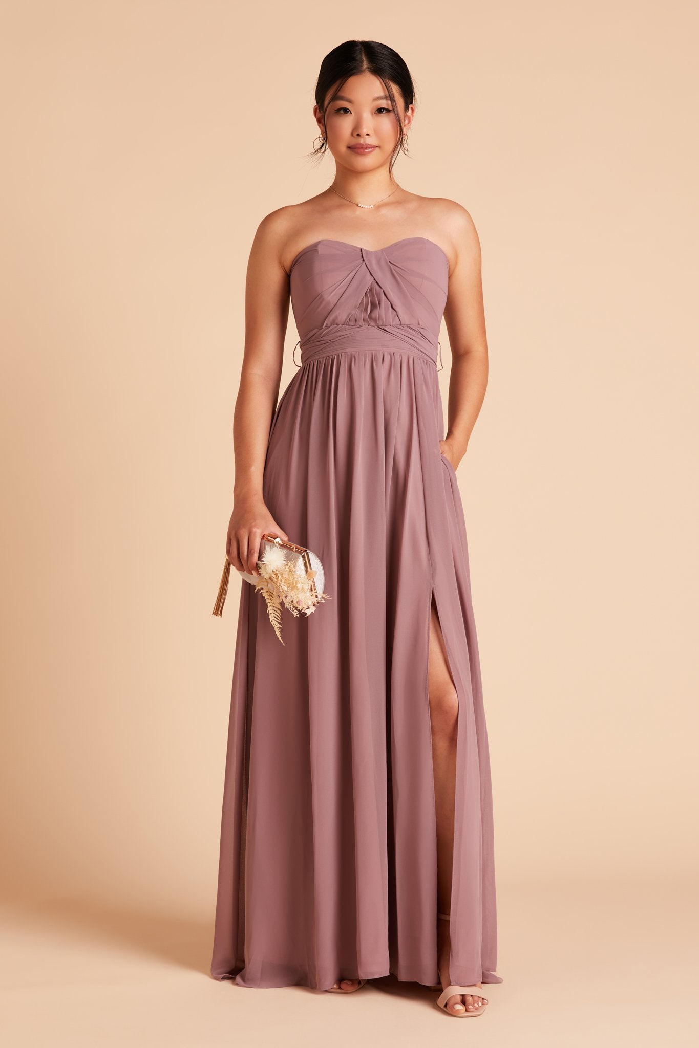 Grace convertible bridesmaid dress with slit in Dark Mauve Purple Chiffon by Birdy Grey, front view with hand in pocket