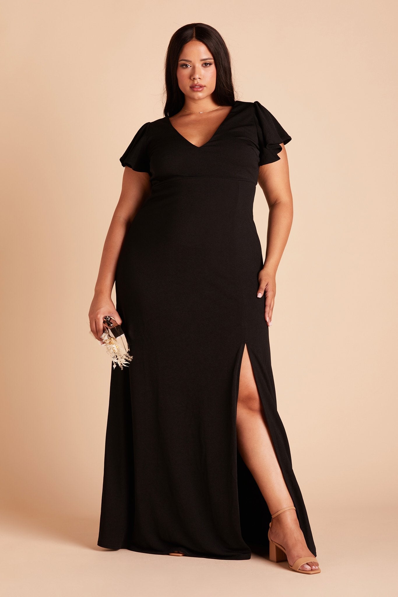 Hannah plus size bridesmaid dress with slit in black crepe by Birdy Grey, front view