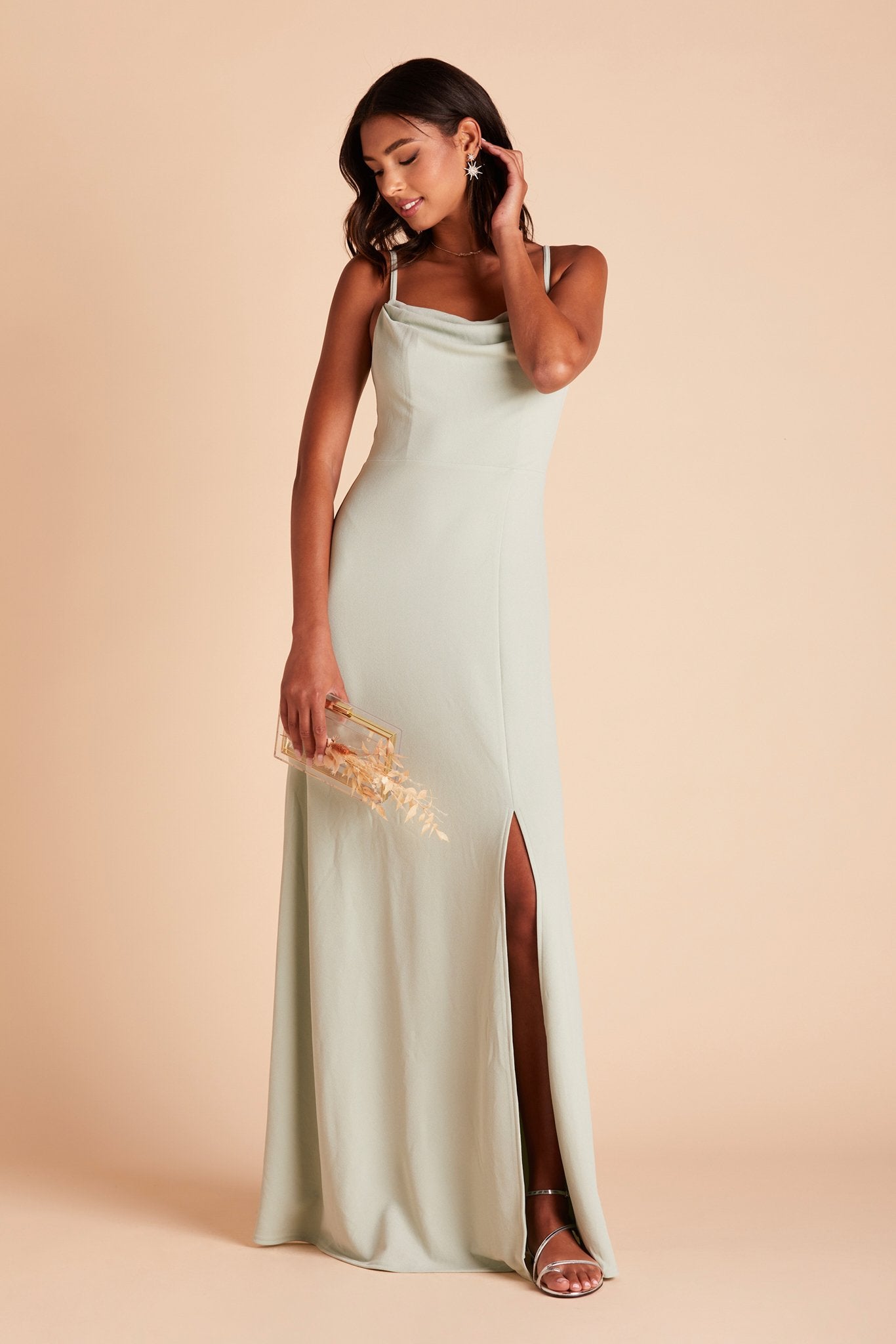 Ash bridesmaid dress with slit in sage green crepe by Birdy Grey, front view