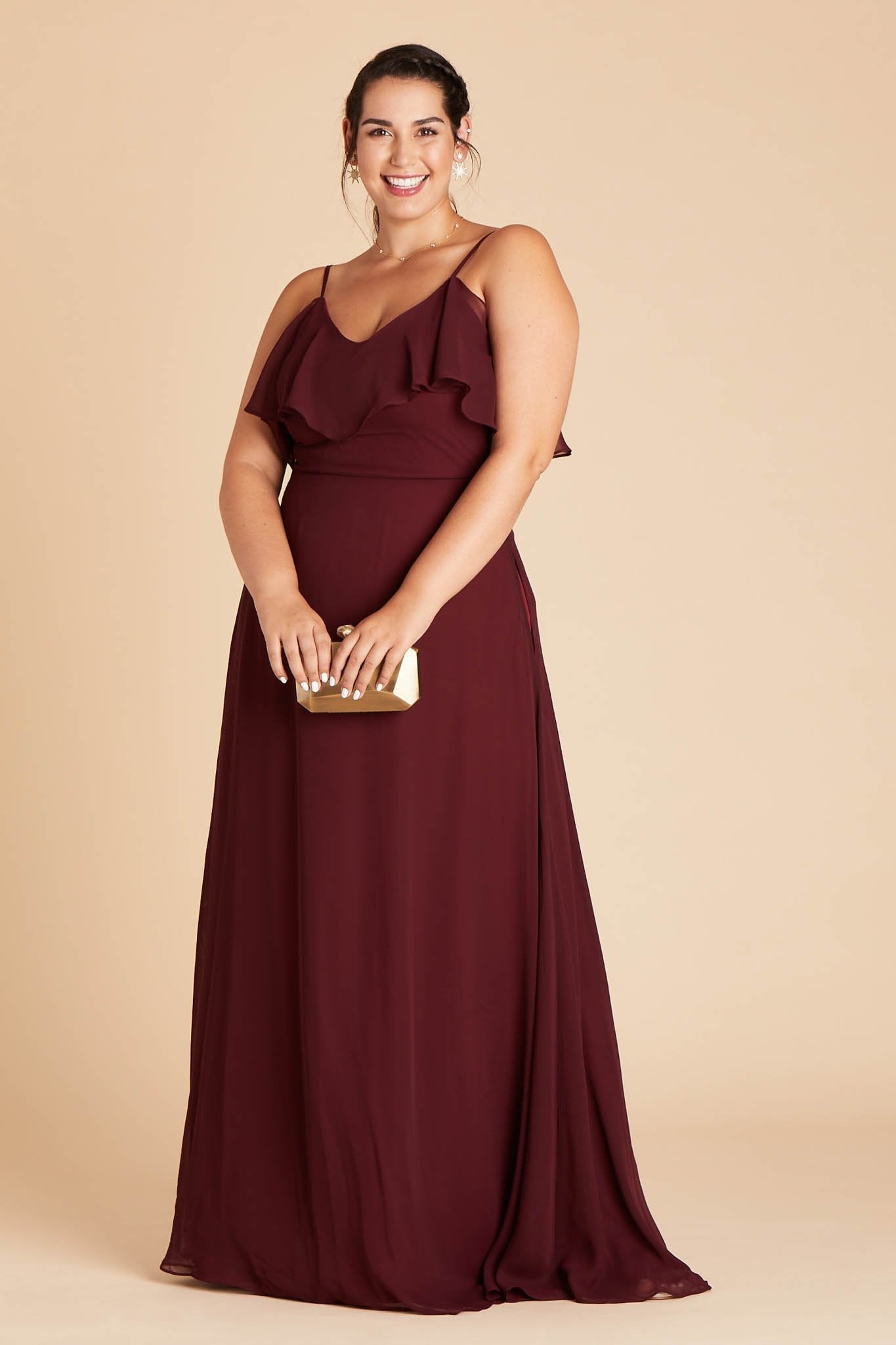 Jane convertible plus size bridesmaid dress in Cabernet Burgundy chiffon by Birdy Grey, front view