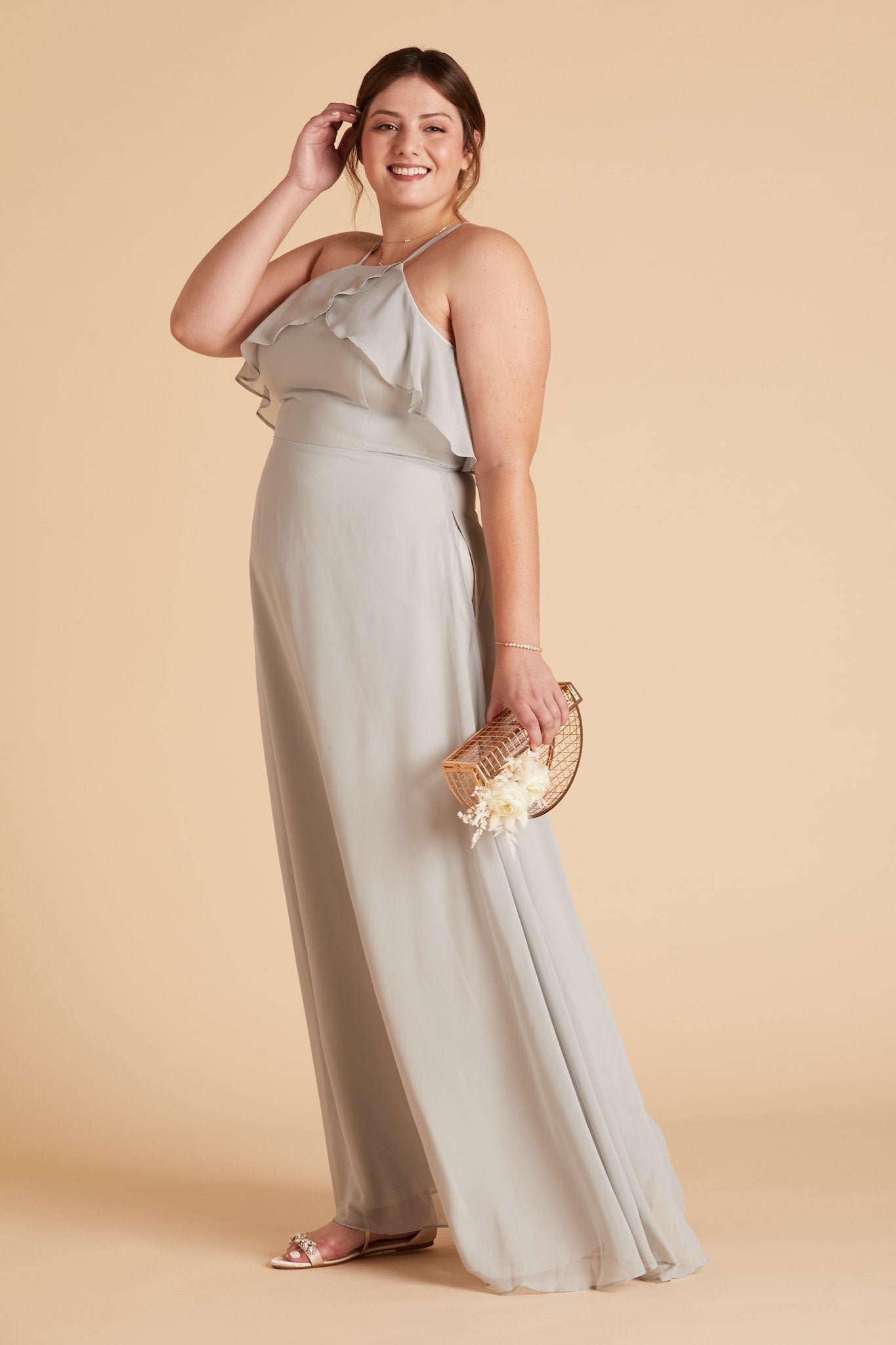 Jules plus size bridesmaid dress in dove gray chiffon by Birdy Grey, front view