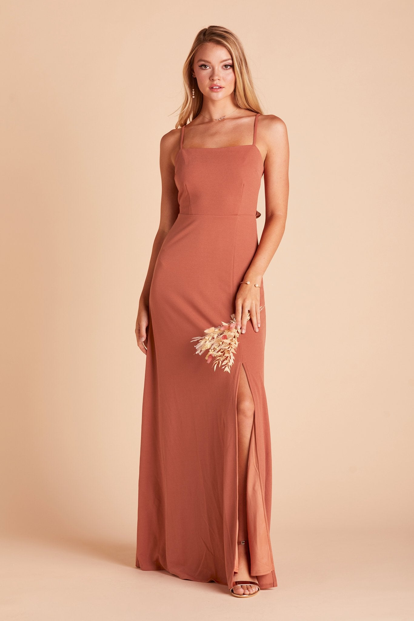 Benny bridesmaid dress with slit in terracotta crepe by Birdy Grey, front view