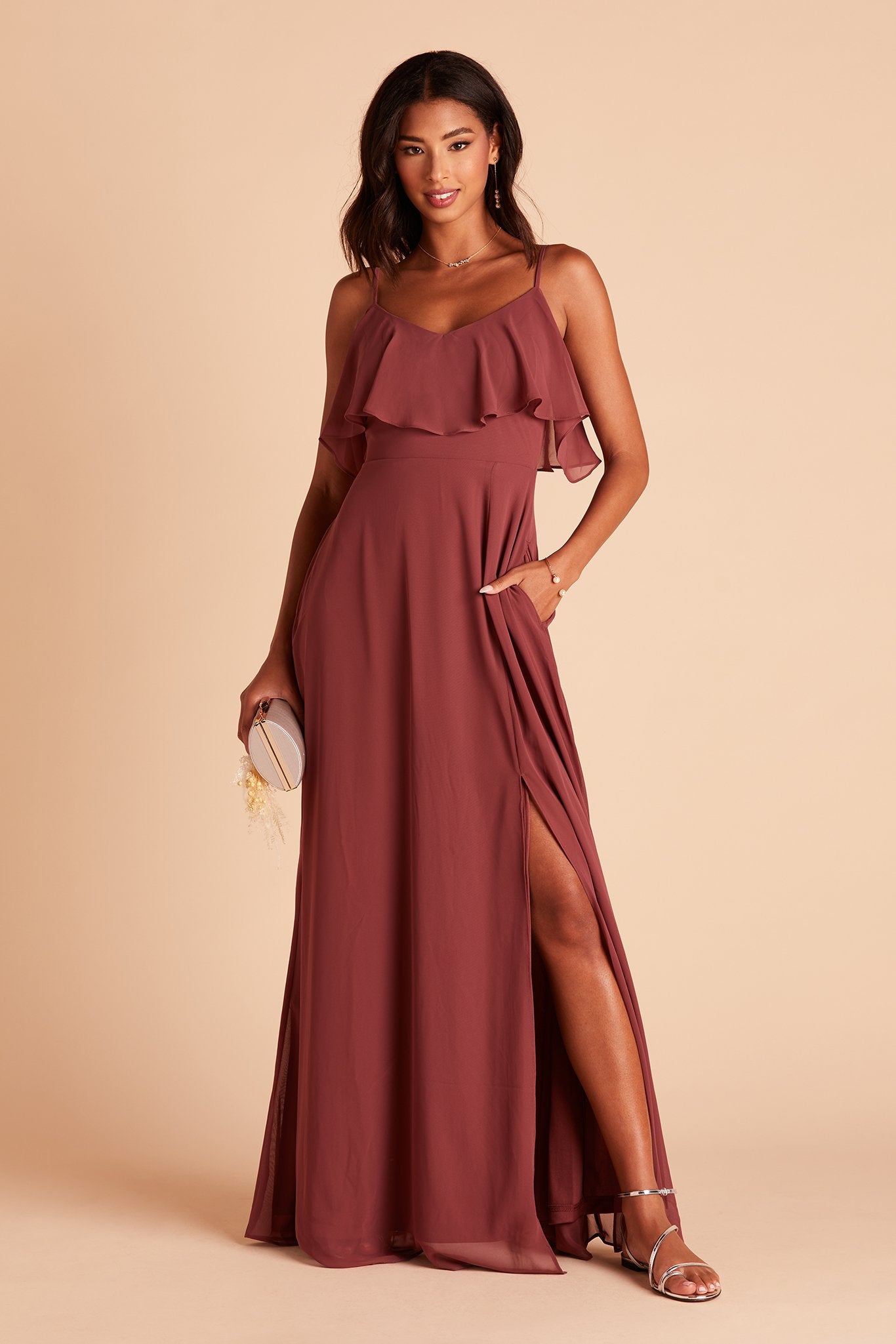 Jane convertible bridesmaid dress with slit in rosewood chiffon by Birdy Grey, front view with hand in pocket