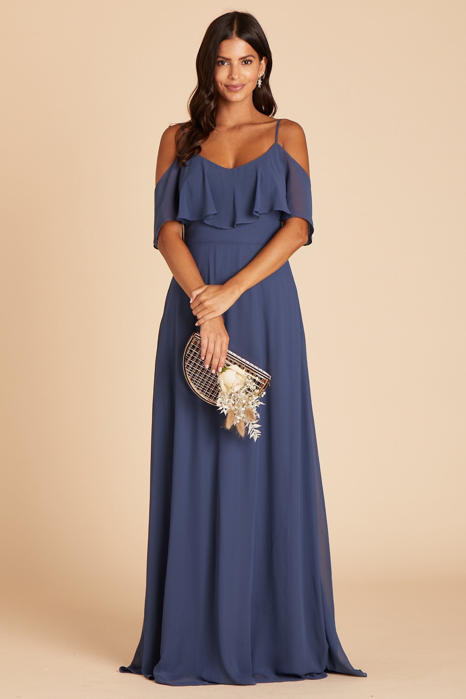 Jane convertible bridesmaid dress in slate blue chiffon by Birdy Grey, front view