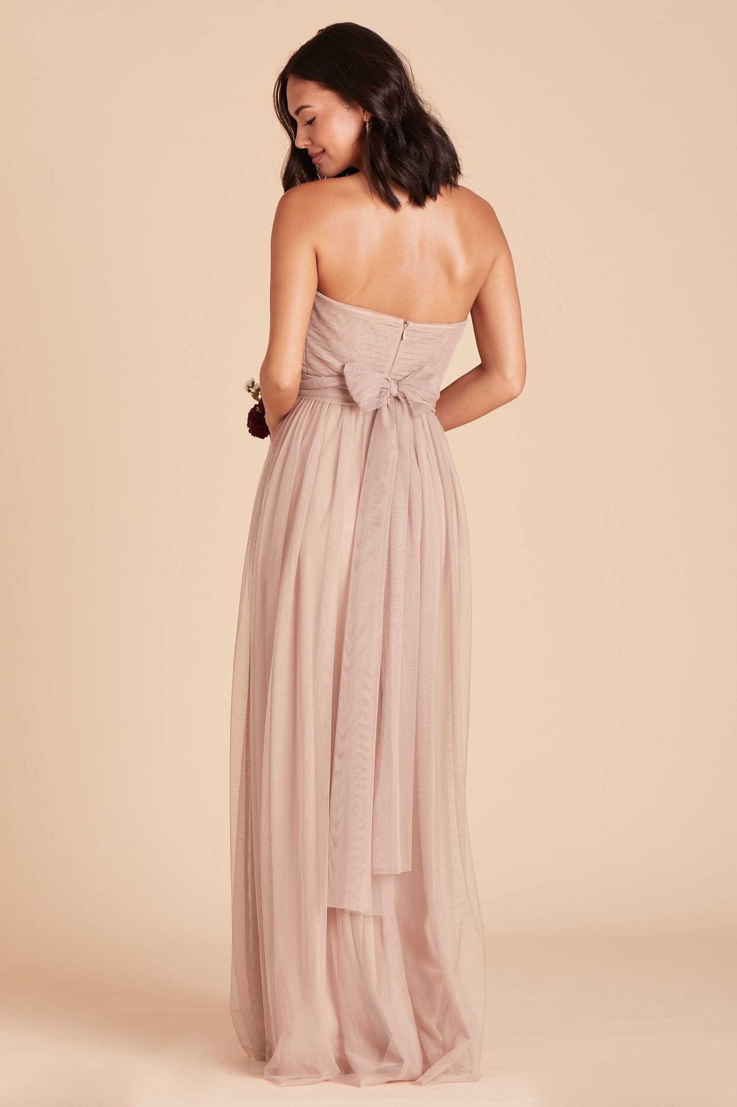 Christina convertible bridesmaid dress in sandy taupe tulle by Birdy Grey, back view