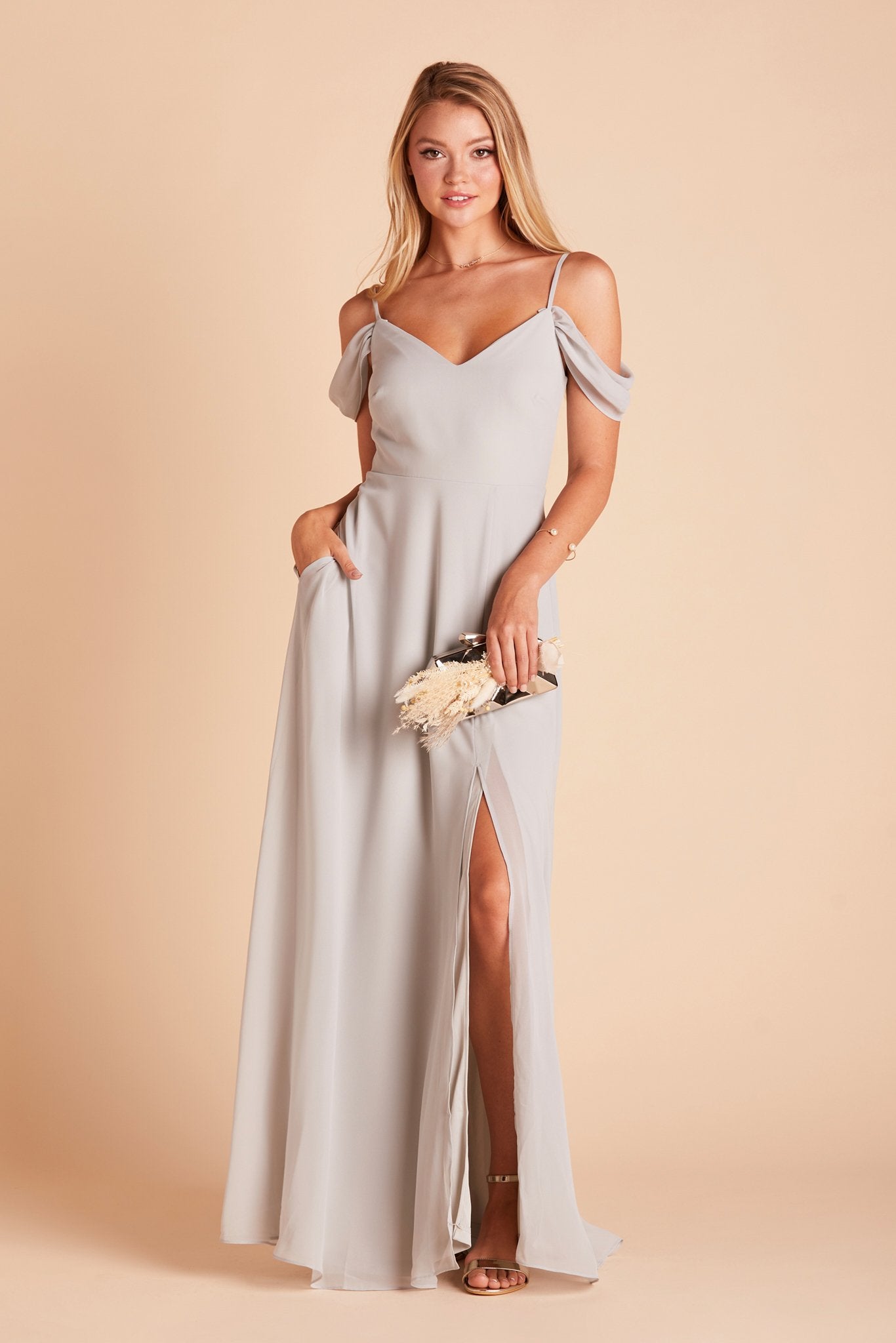 Devin convertible bridesmaid dress with slit in dove gray chiffon by Birdy Grey, front view with hand in pocket