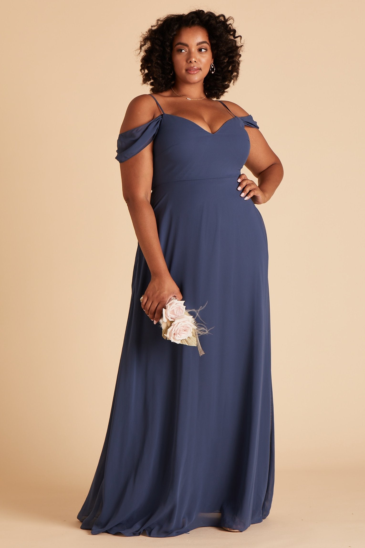 Devin convertible plus size bridesmaids dress in slate blue chiffon by Birdy Grey, front view
