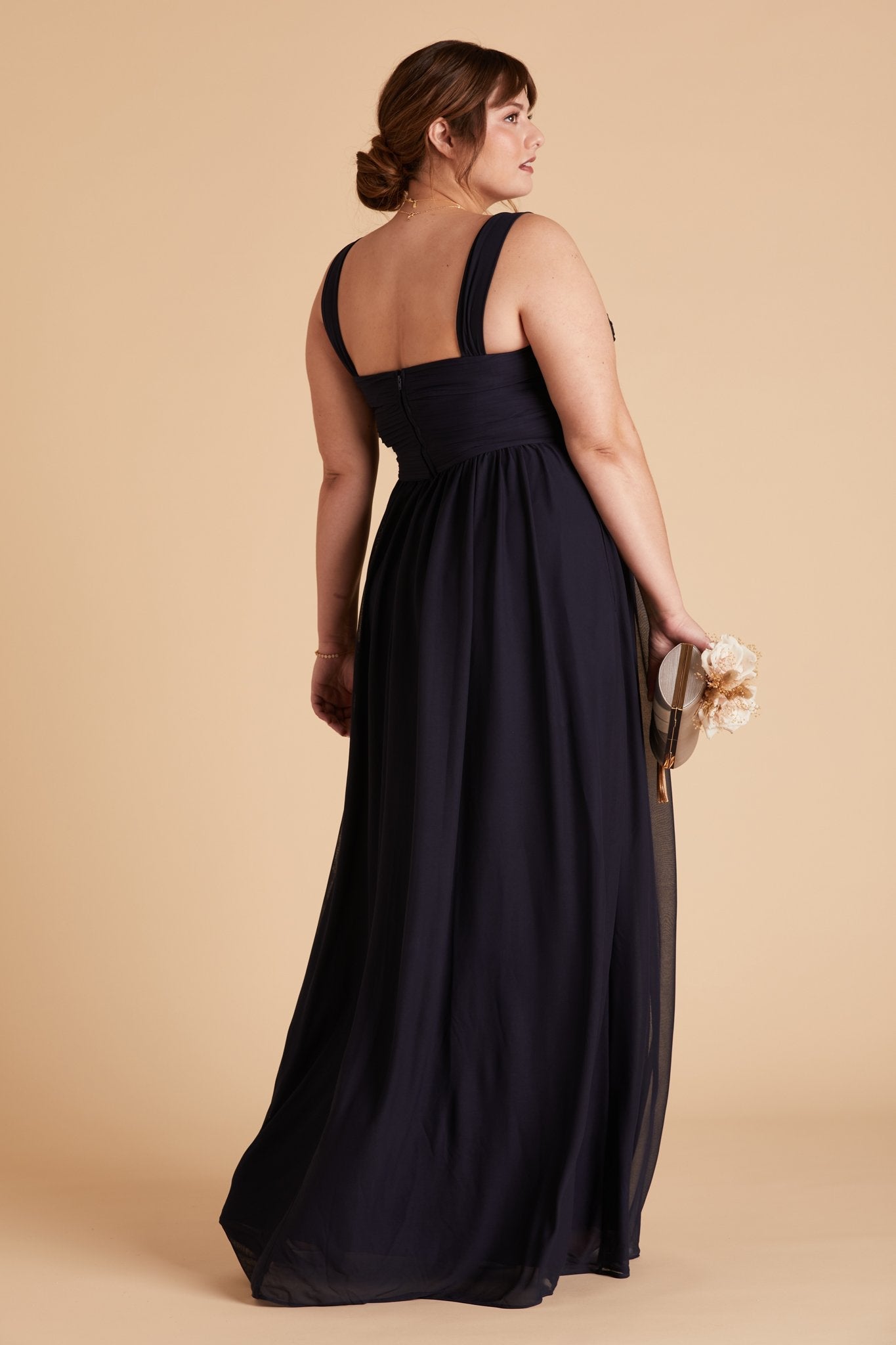 Elsye plus size bridesmaid dress in navy blue chiffon by Birdy Grey, back view