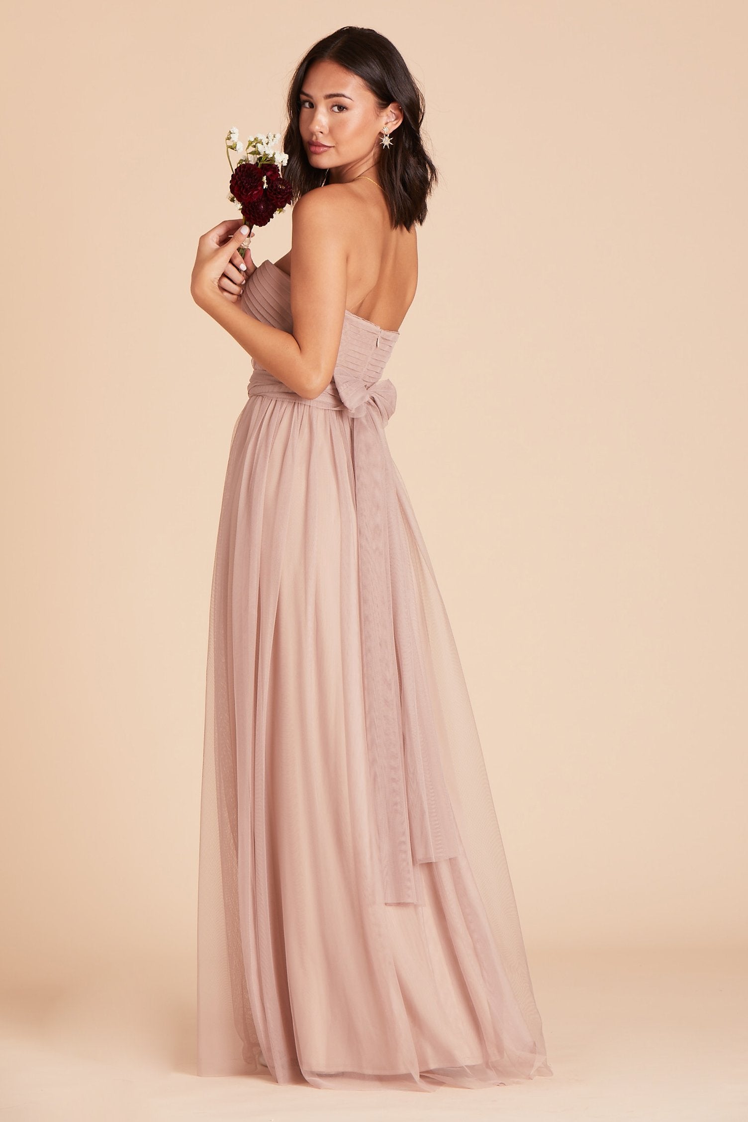 Christina convertible bridesmaid dress in sandy taupe tulle by Birdy Grey, side view
