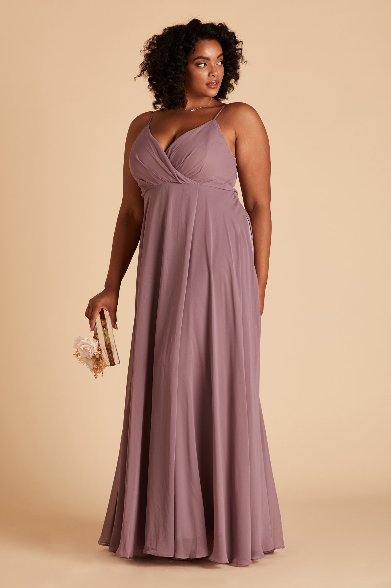 Kaia plus size bridesmaids dress in dark mauve purple chiffon by Birdy Grey, front view