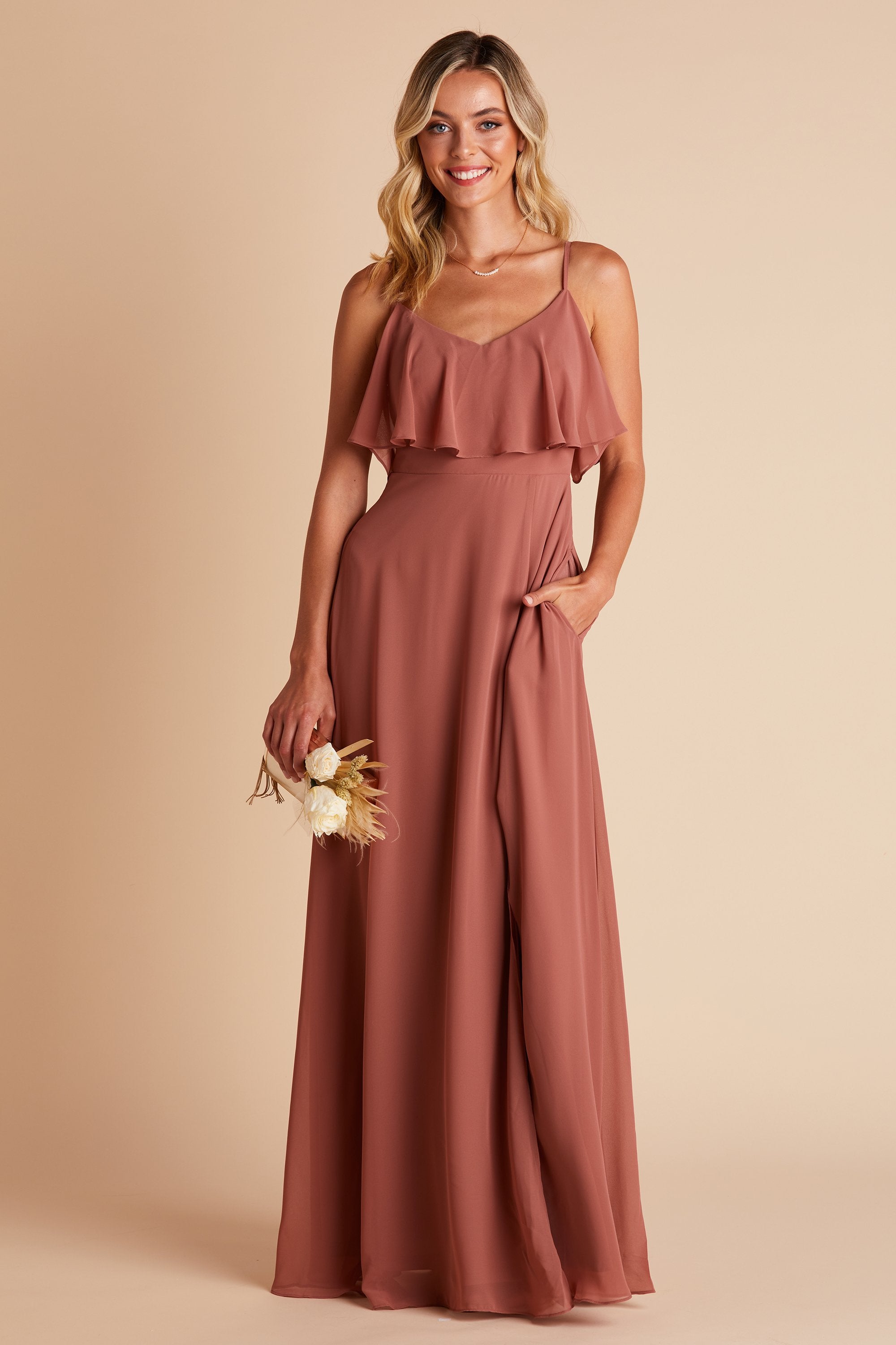 Front view of the Jane Convertible Dress in desert rose chiffon worn by a slender model with a light skin tone. 