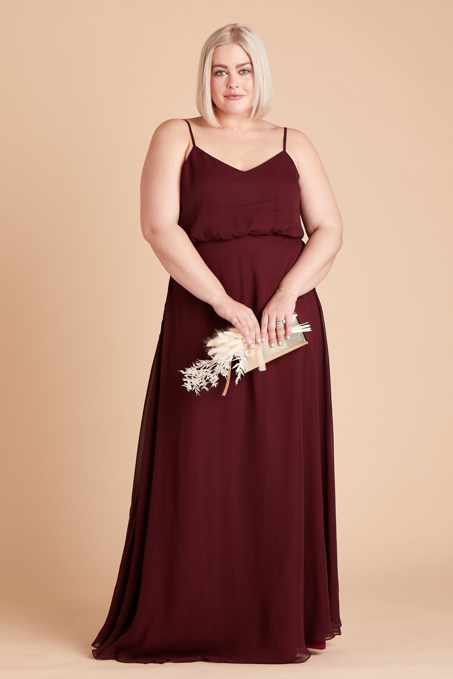 Gwennie plus size bridesmaid dress in cabernet burgundy chiffon by Birdy Grey, front view