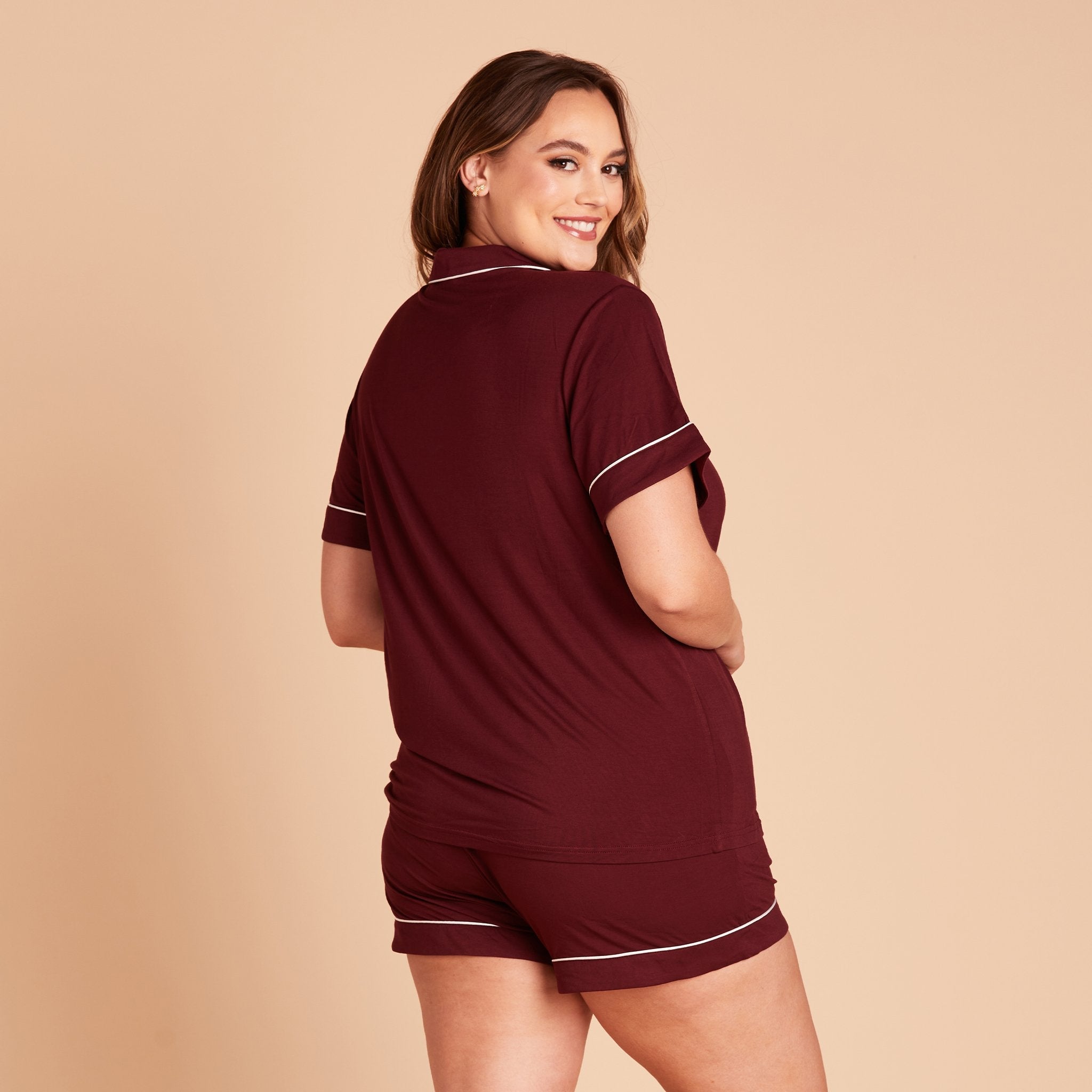 Jonny Plus Size Short Sleeve Pajama Set With White Piping in cabernet burgundy, side view