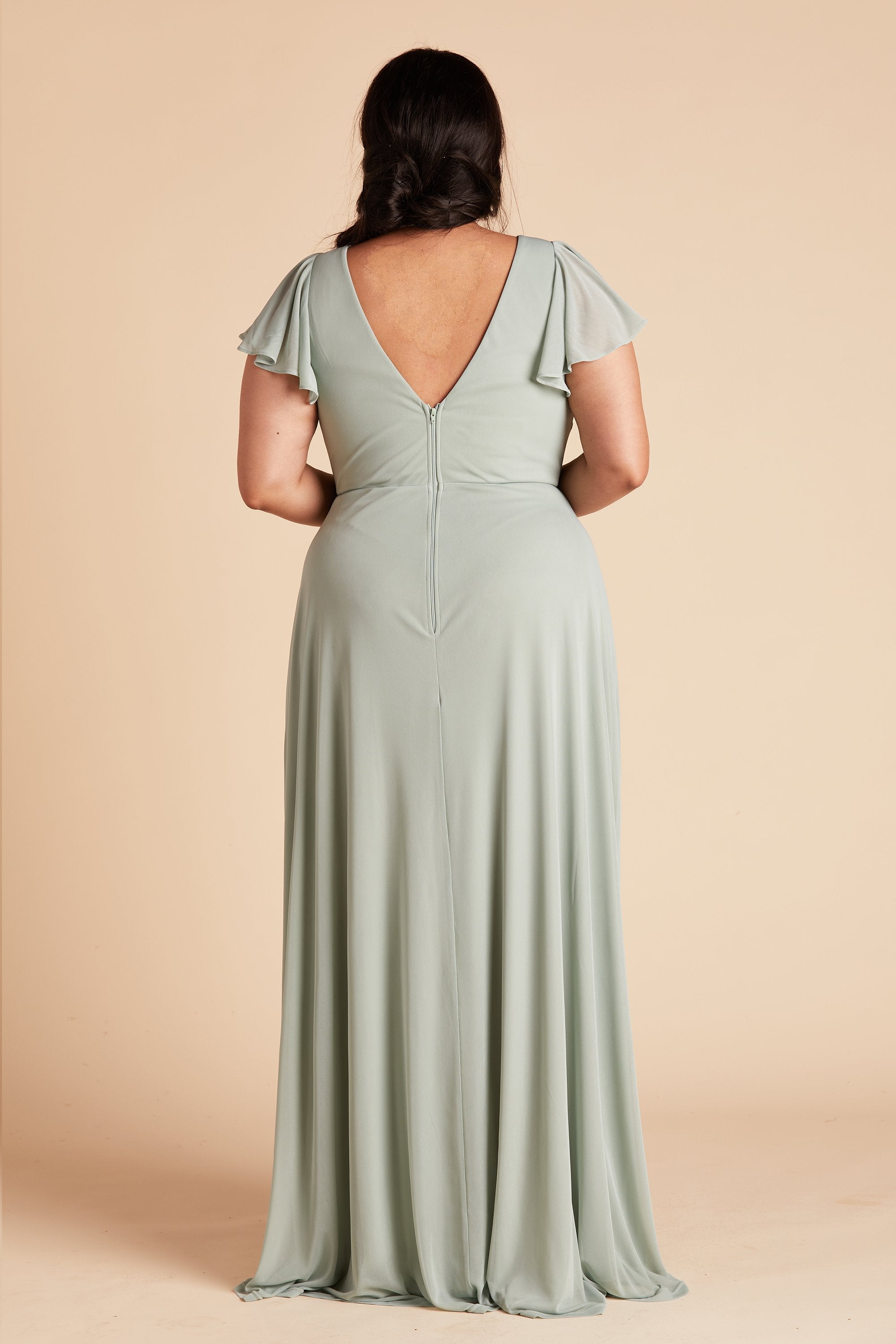 Hannah plus size bridesmaids dress in sage green mesh by Birdy Grey, back view