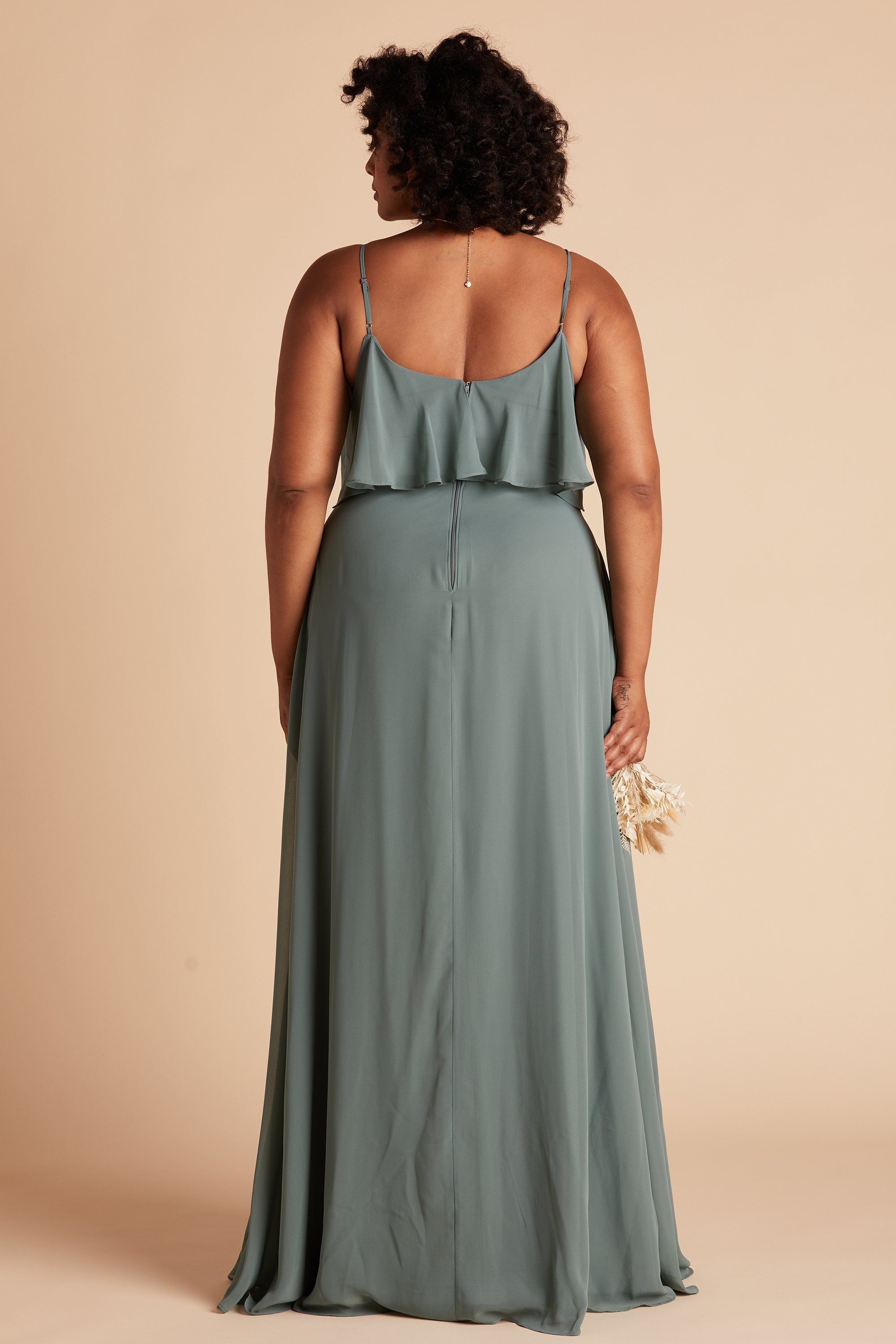 Jane convertible plus size bridesmaid dress in sea glass green chiffon by Birdy Grey, back view