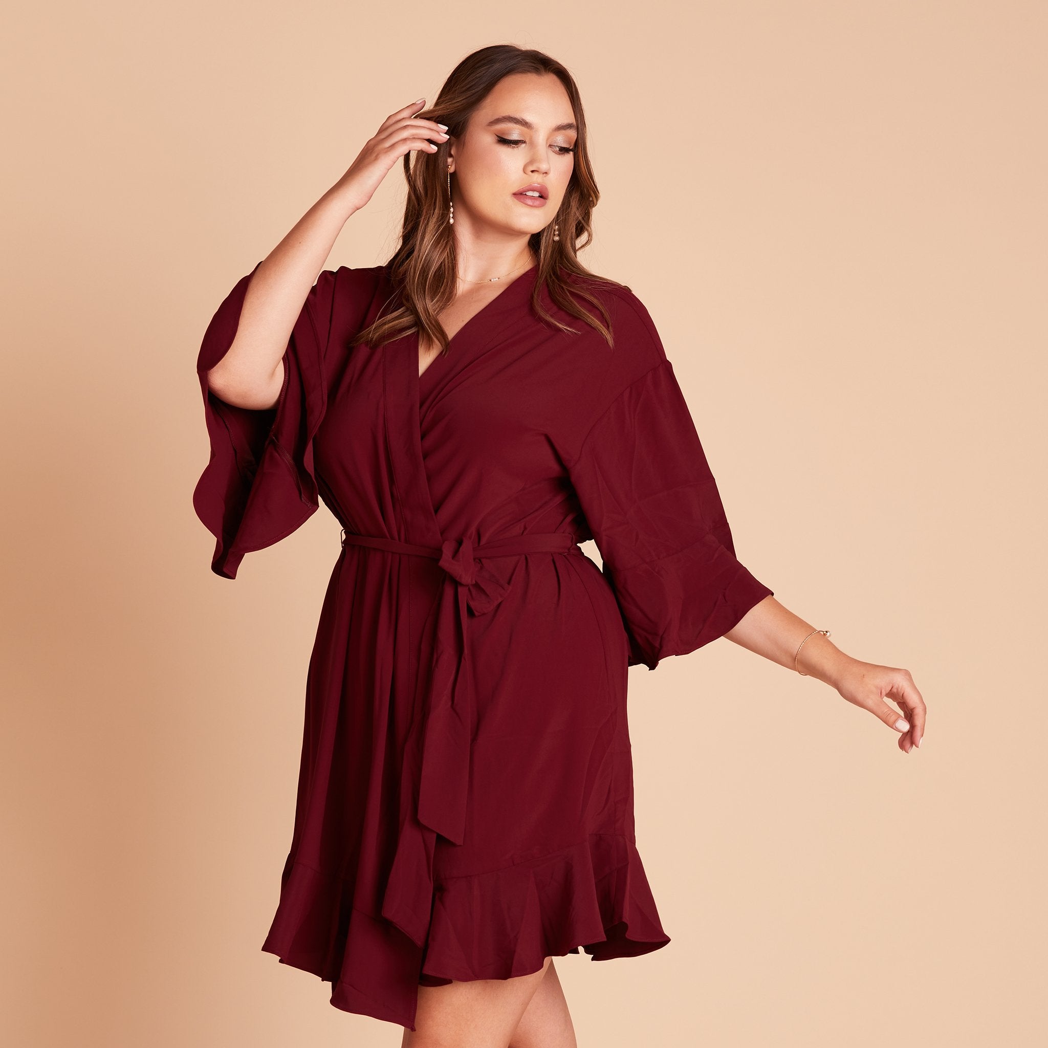 Kenny Ruffle Robe in cabernet burgundy by Birdy Grey, front view