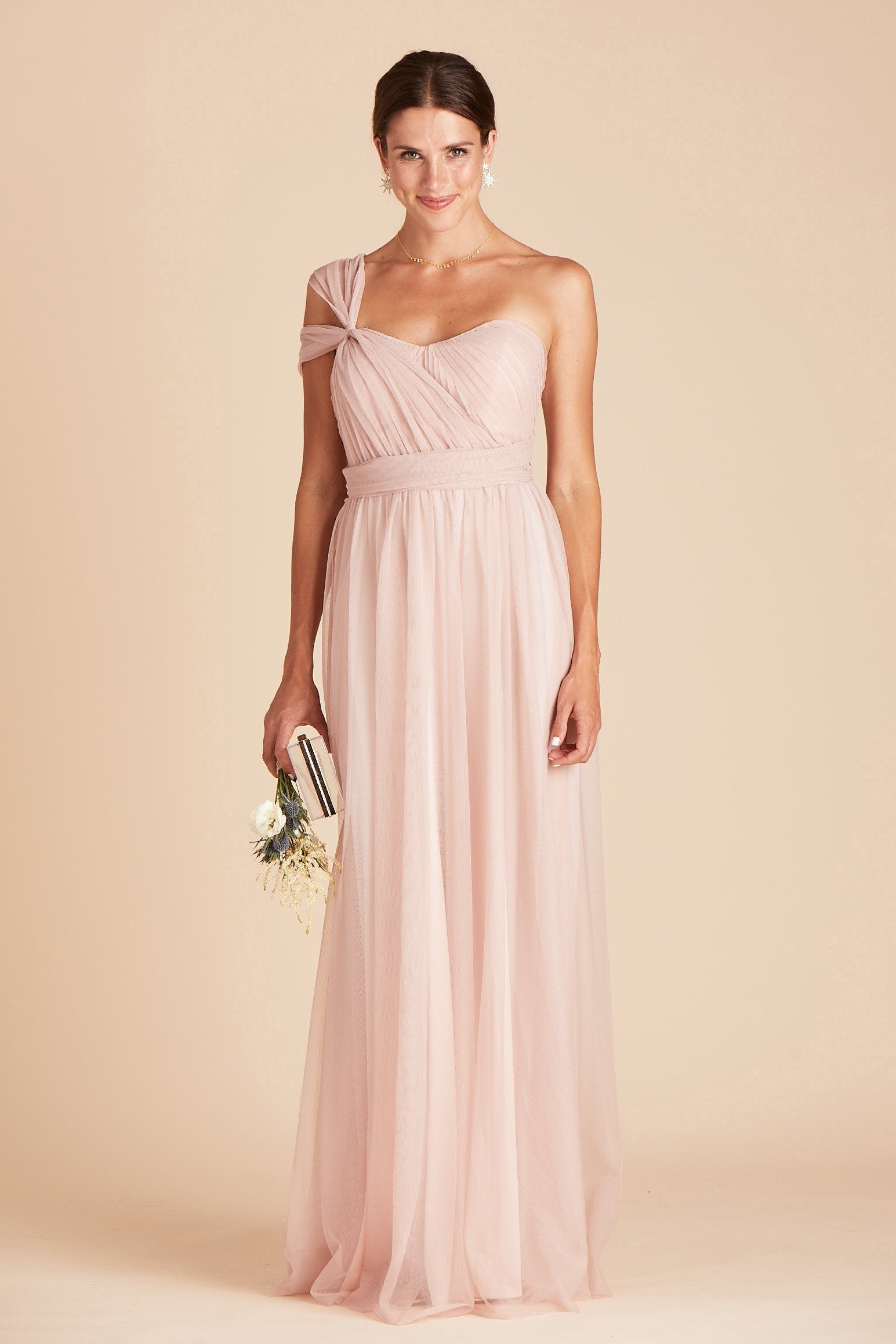 Christina convertible bridesmaid dress in vintage blush tulle by Birdy Grey, front view