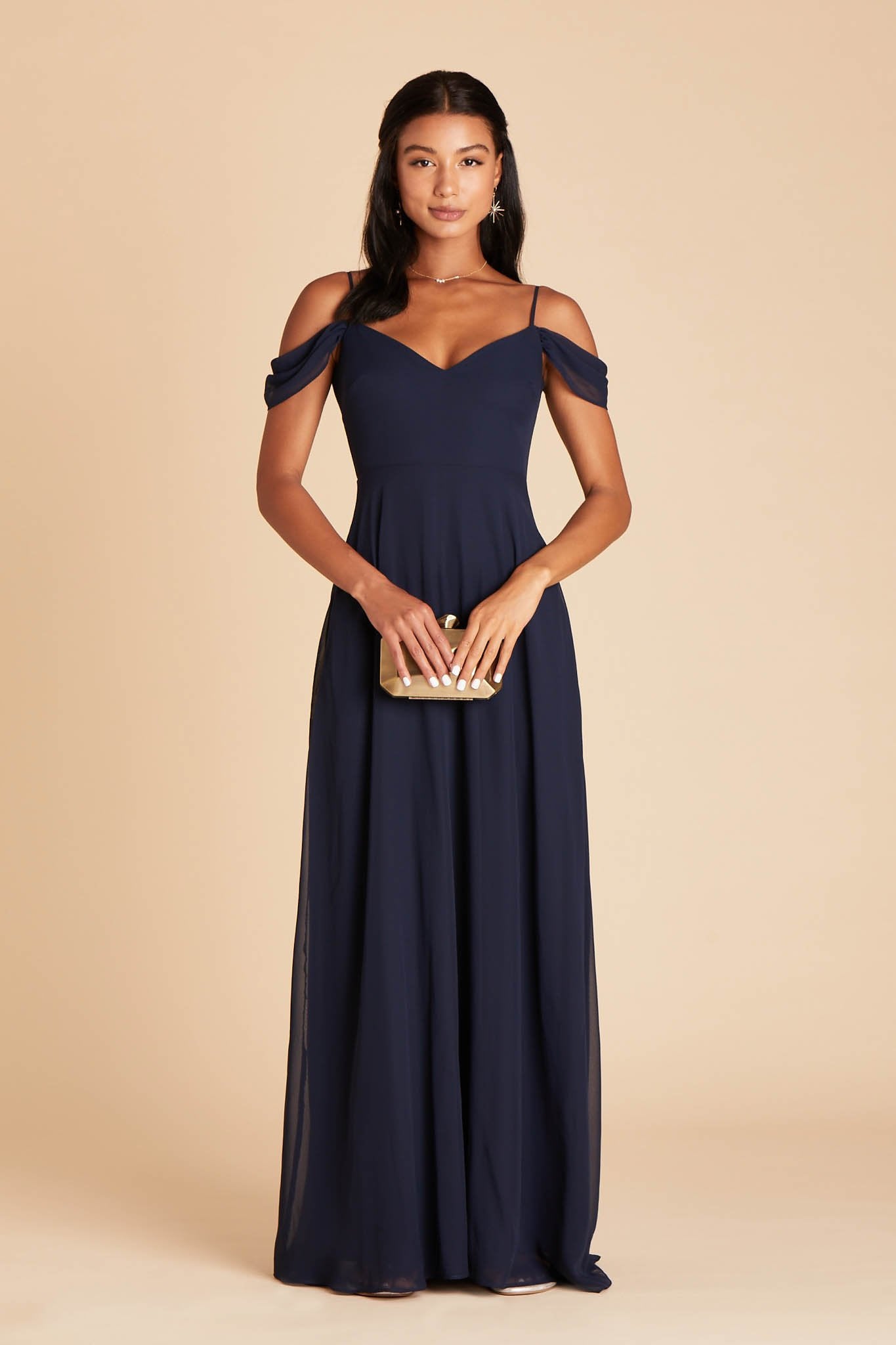 Devin convertible bridesmaid dress in navy blue chiffon by Birdy Grey, front view
