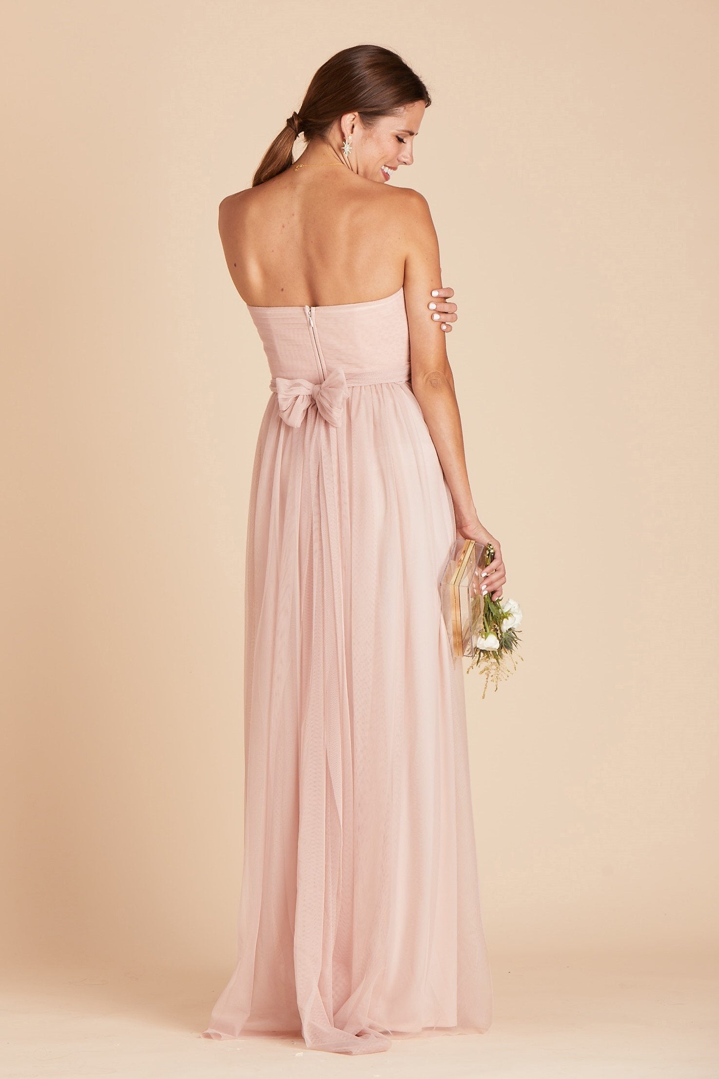 Christina convertible bridesmaid dress in vintage blush tulle by Birdy Grey, back view