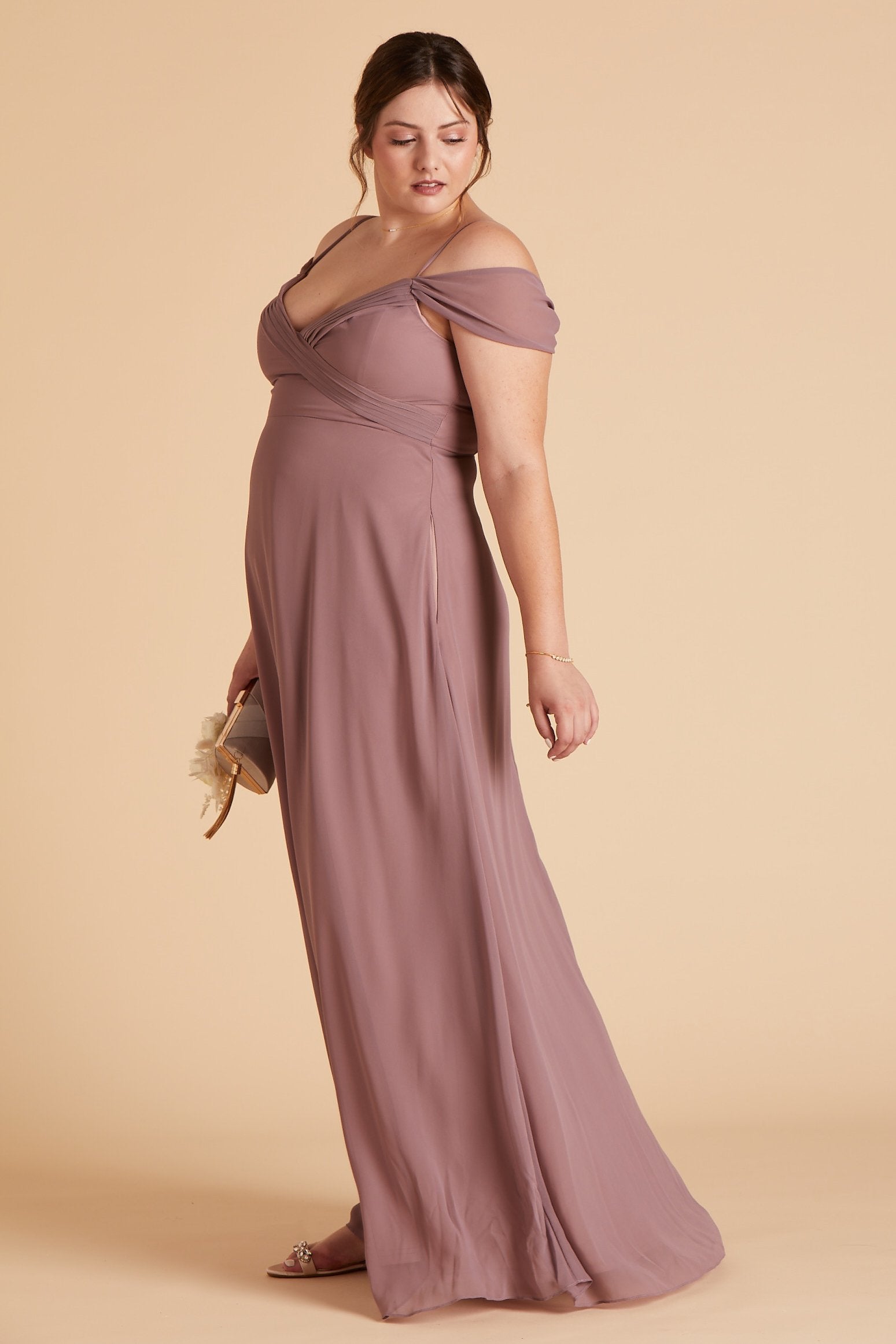 Spence convertible plus size bridesmaid dress in dark mauve chiffon by Birdy Grey, side view