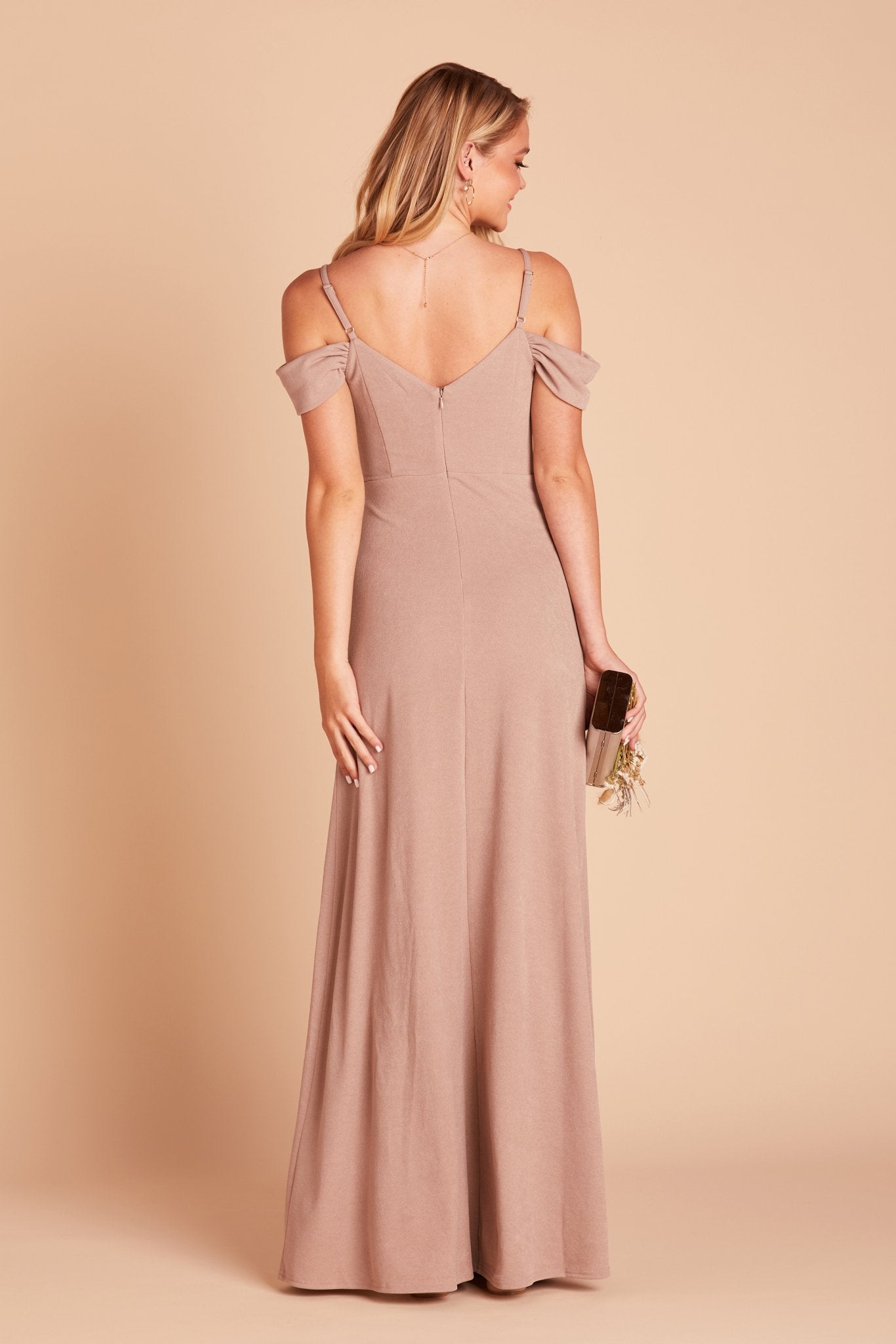 Dev bridesmaid dress with slit in taupe crepe by Birdy Grey, back view