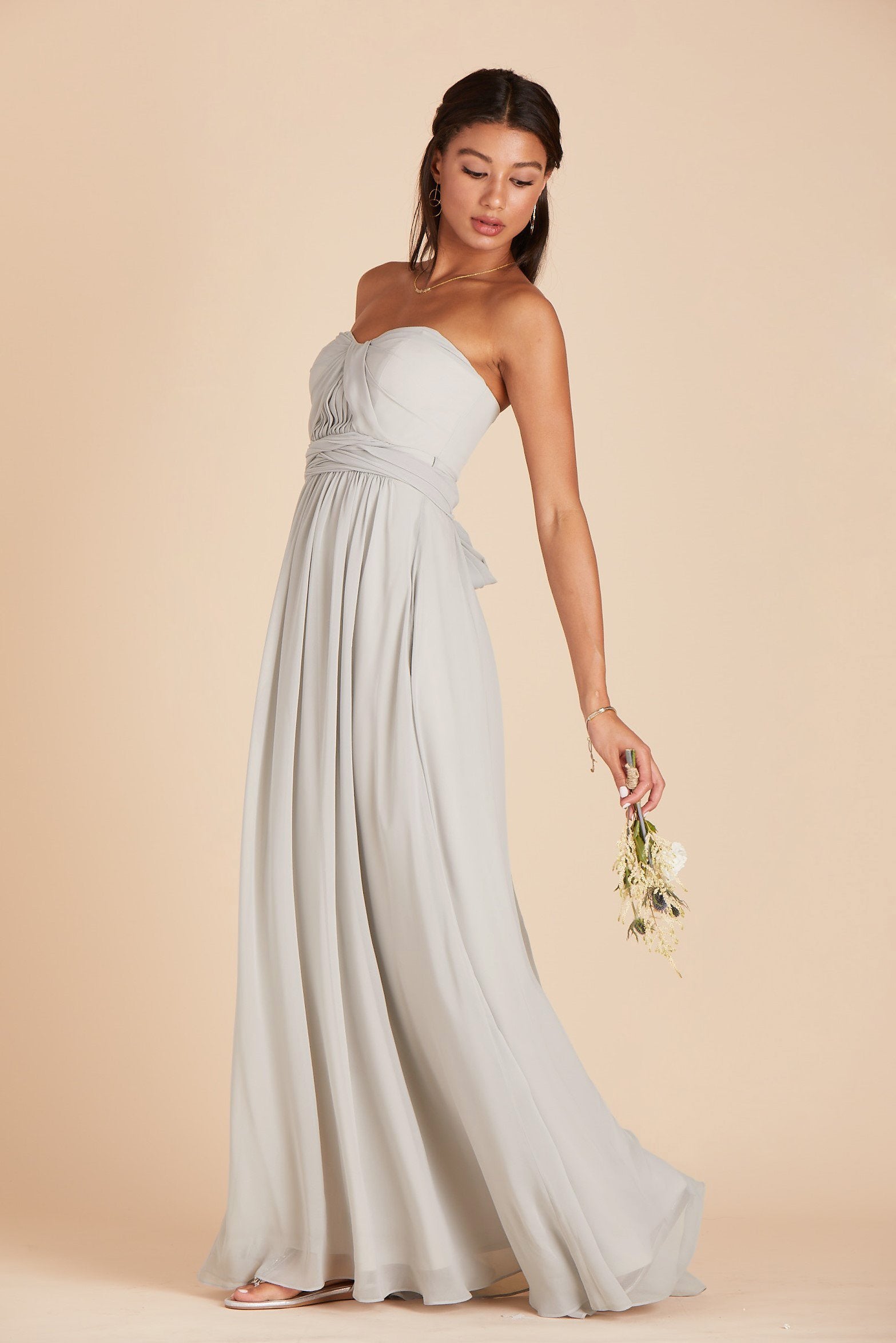 Grace convertible bridesmaid dress in dove gray chiffon by Birdy Grey, side view