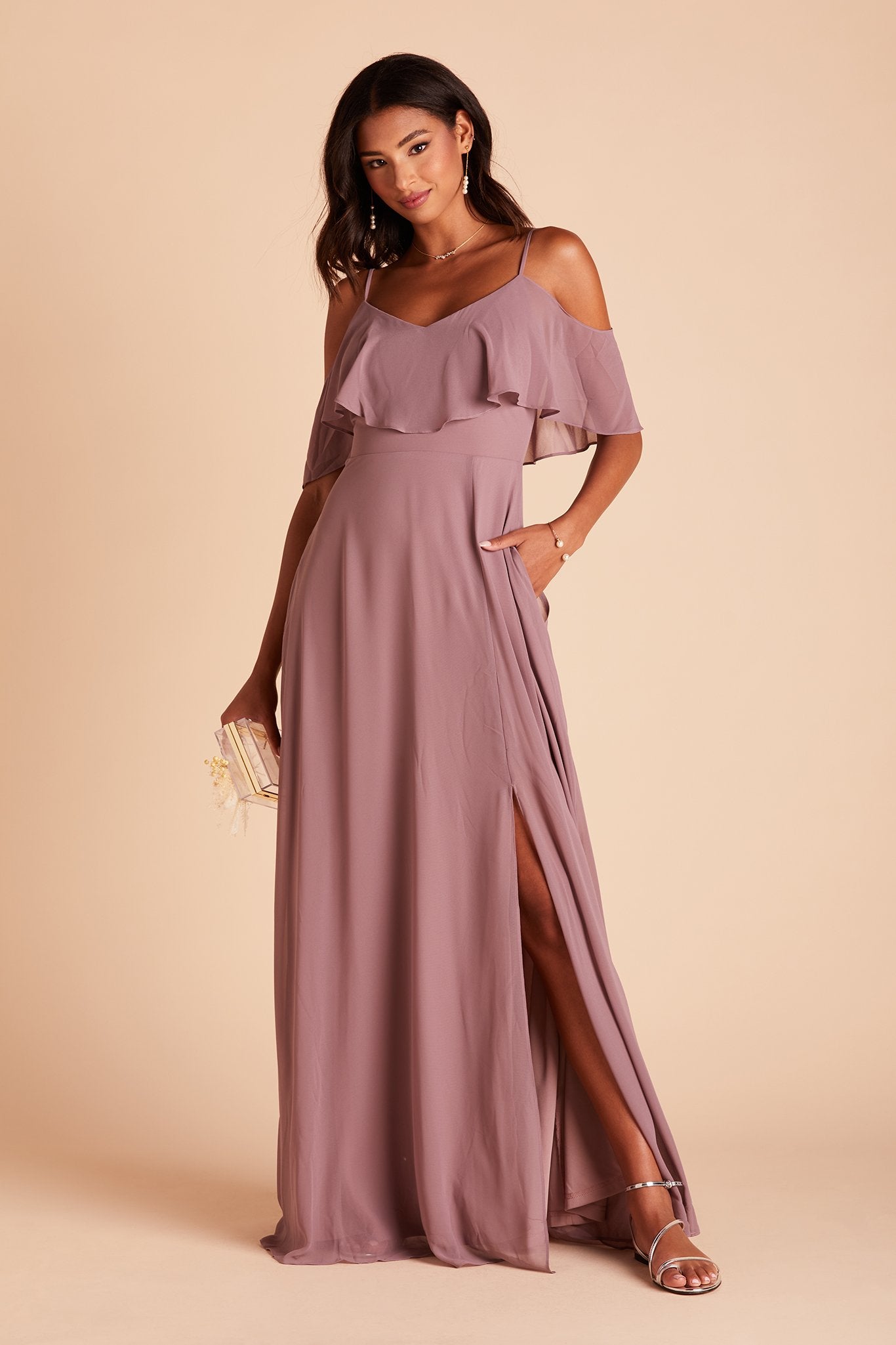 Jane convertible bridesmaid dress with slit in dark mauve chiffon by Birdy Grey, front view with hand in pocket