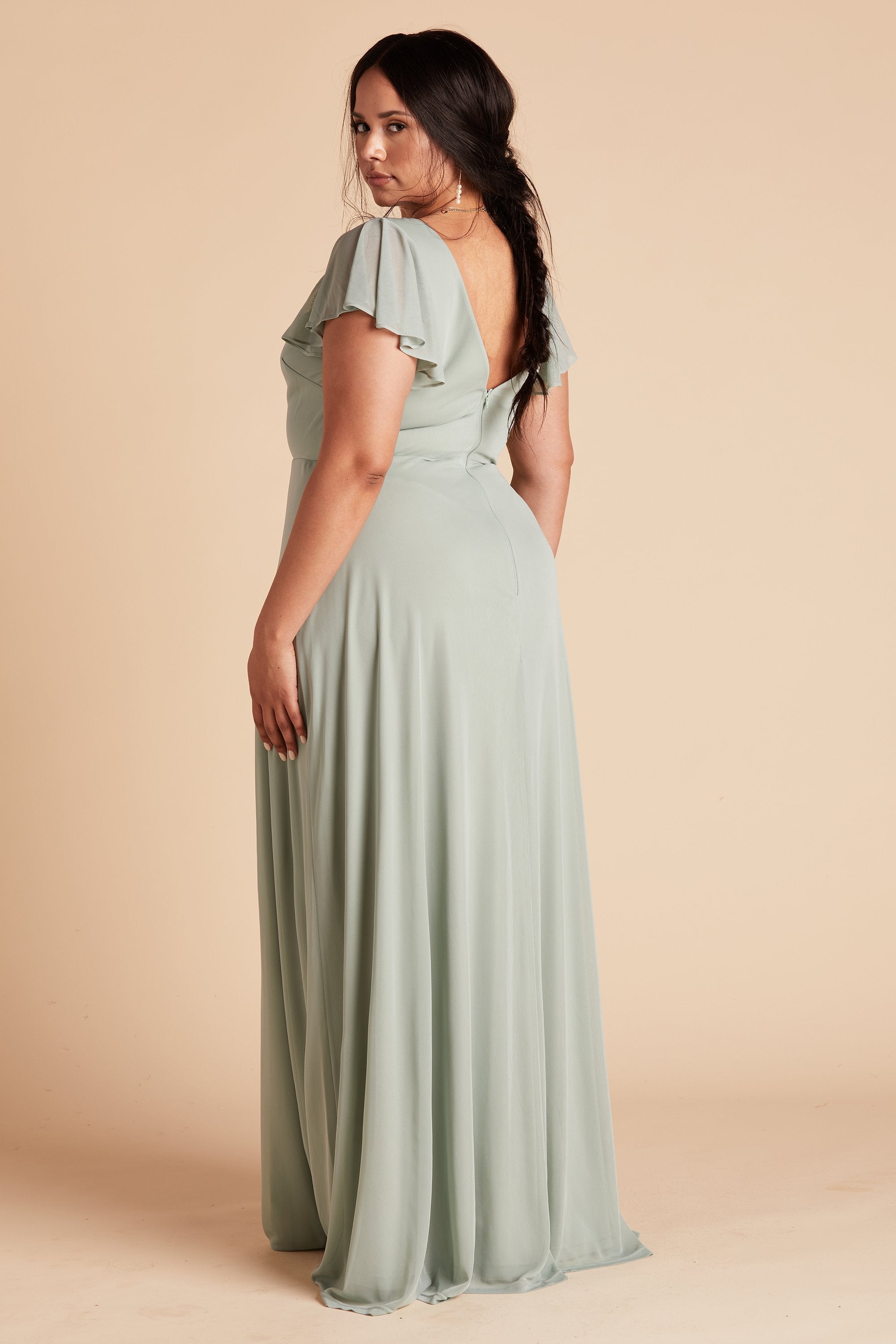 Hannah plus size bridesmaids dress in sage green mesh by Birdy Grey, side view
