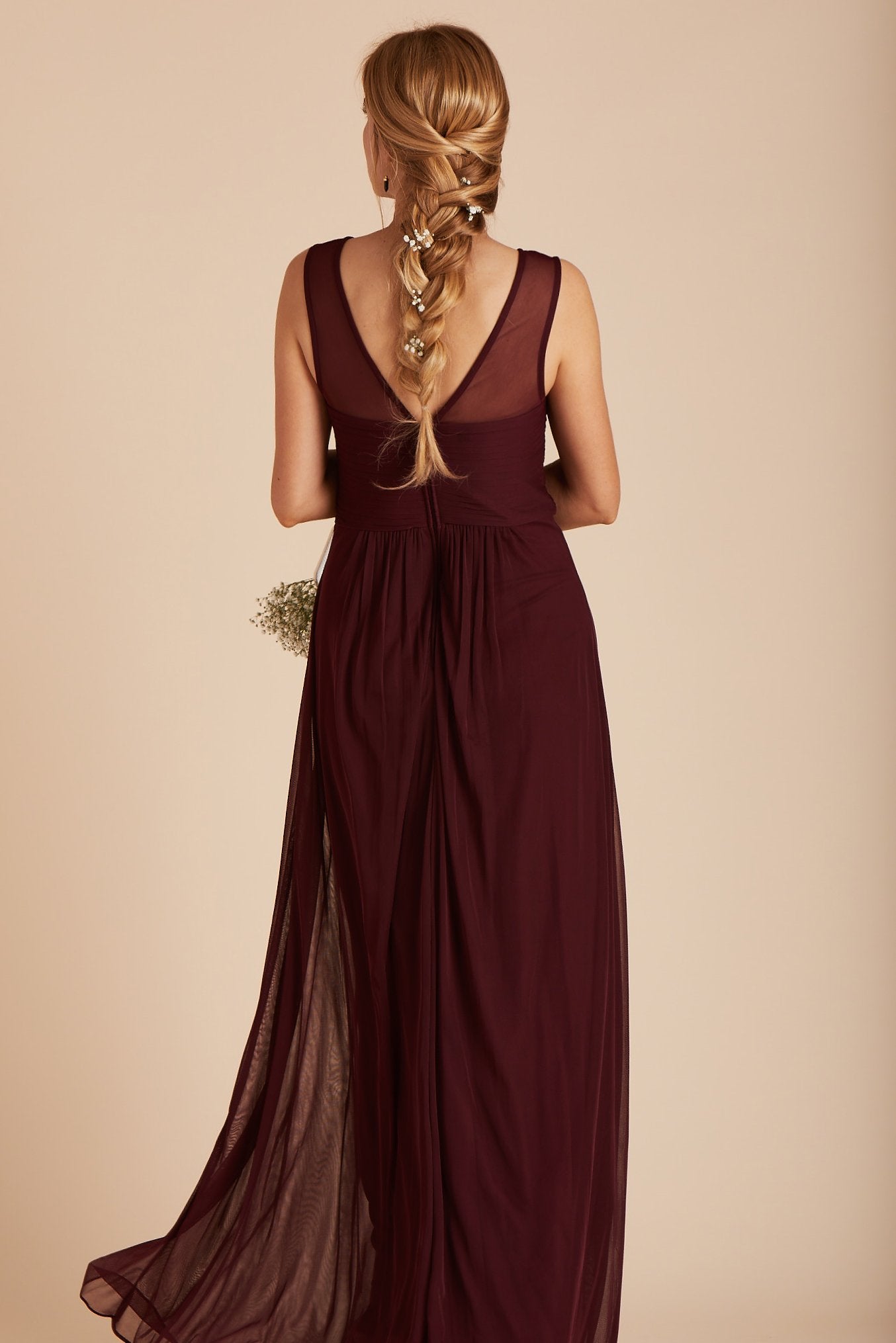 Ryan bridesmaid dress in cabernet burgundy chiffon by Birdy Grey, back view