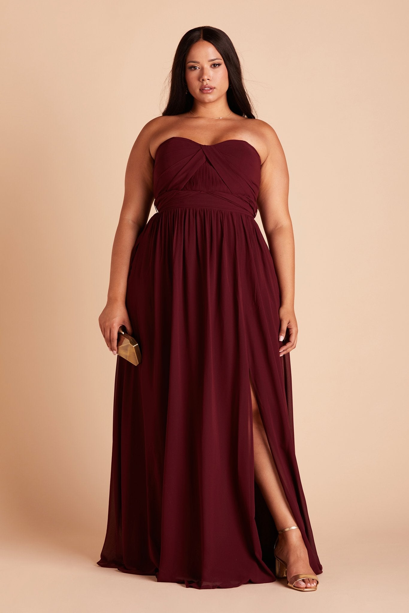 Grace convertible plus size bridesmaid dress with slit in cabernet burgundy chiffon by Birdy Grey, front view