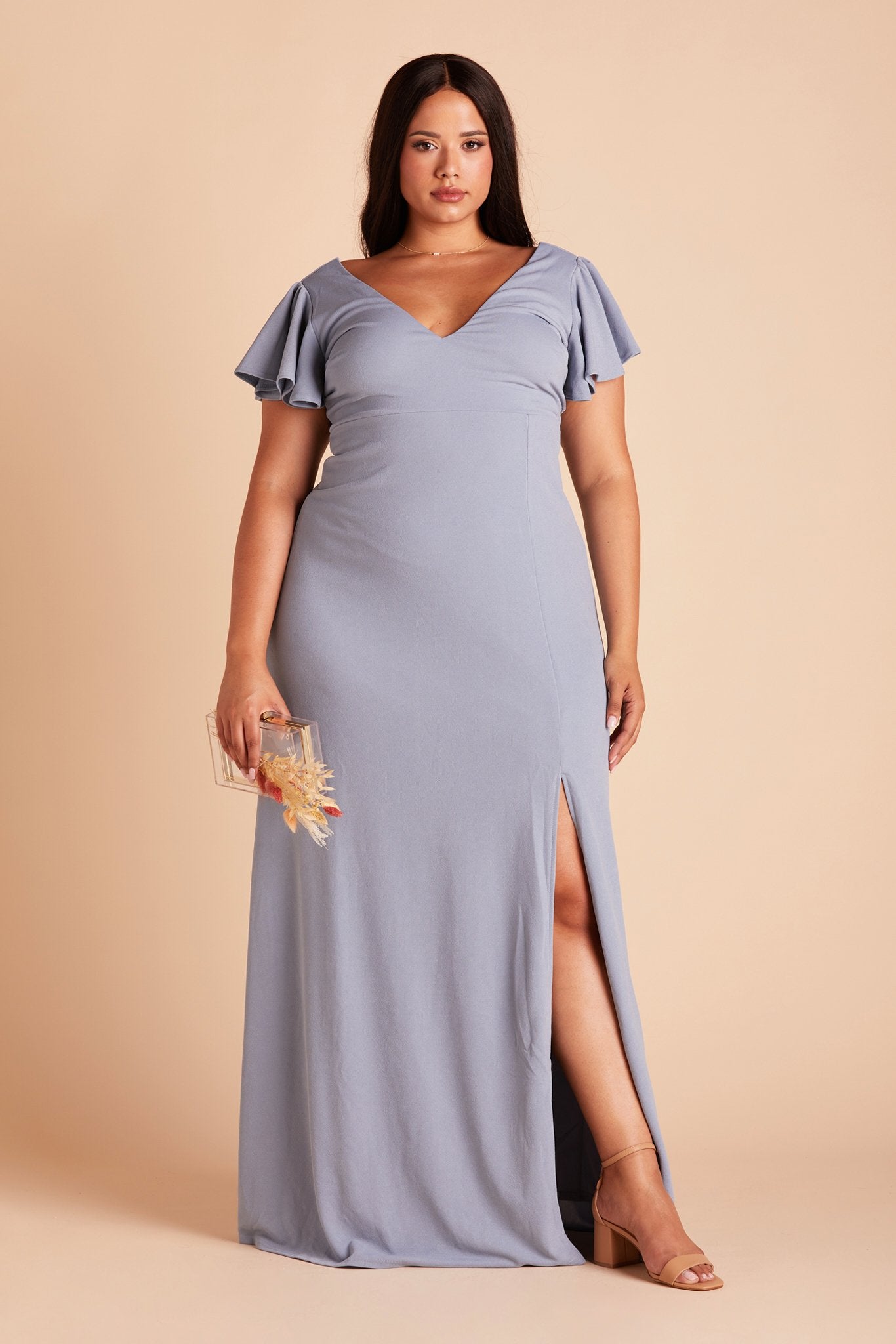 Hannah plus size bridesmaid dress with slit in dusty blue crepe by Birdy Grey, front view