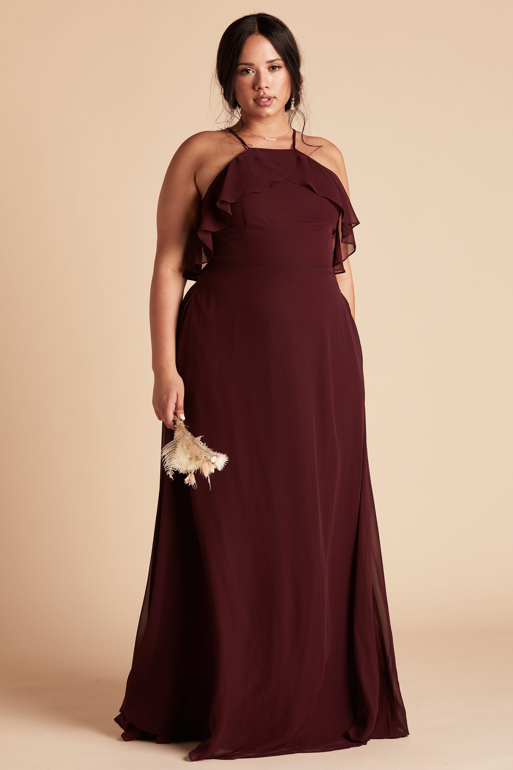 Jules plus size bridesmaid dress in cabernet burgundy chiffon by Birdy Grey, front view