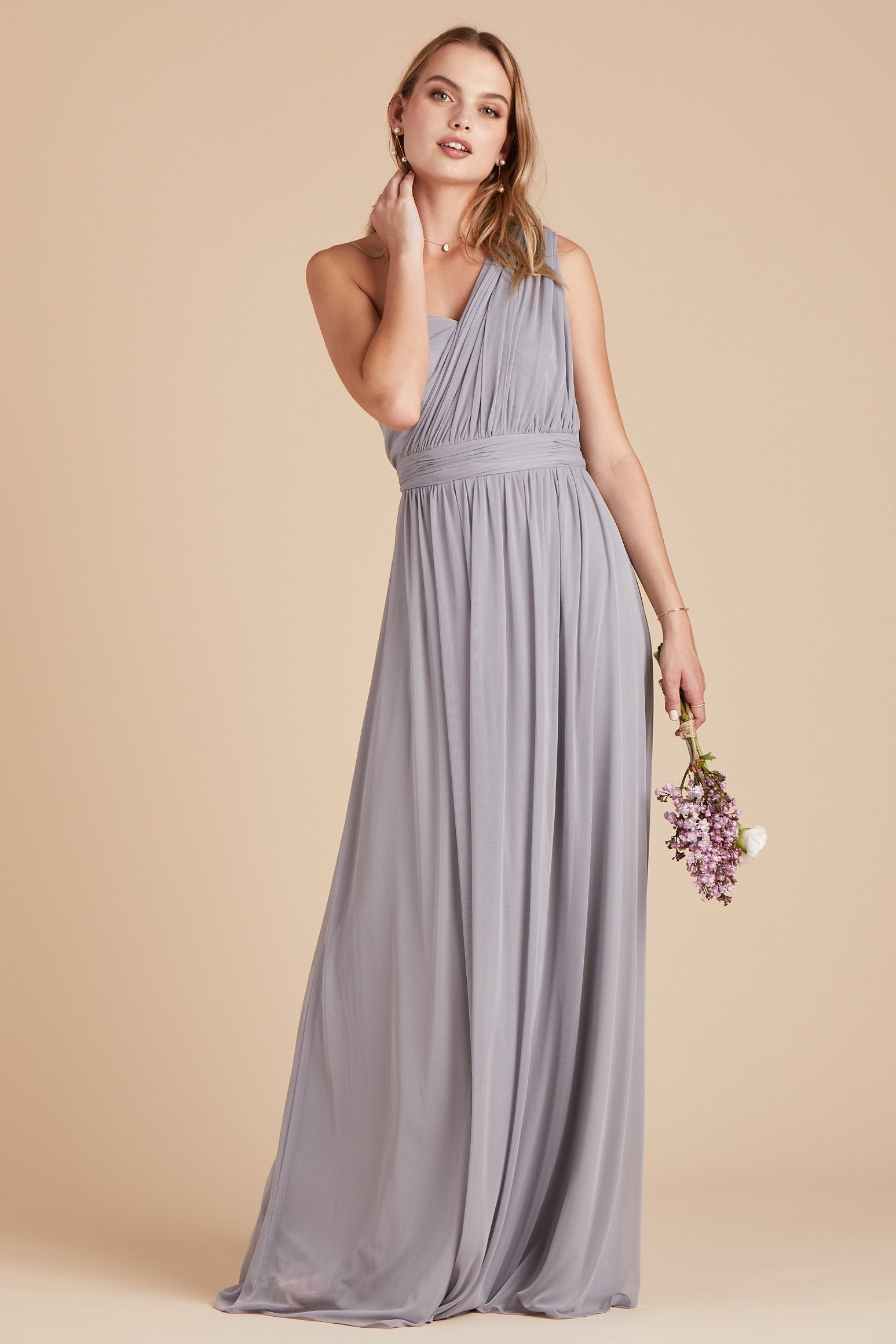 Chicky convertible bridesmaid dress in silver mesh by Birdy Grey, front view