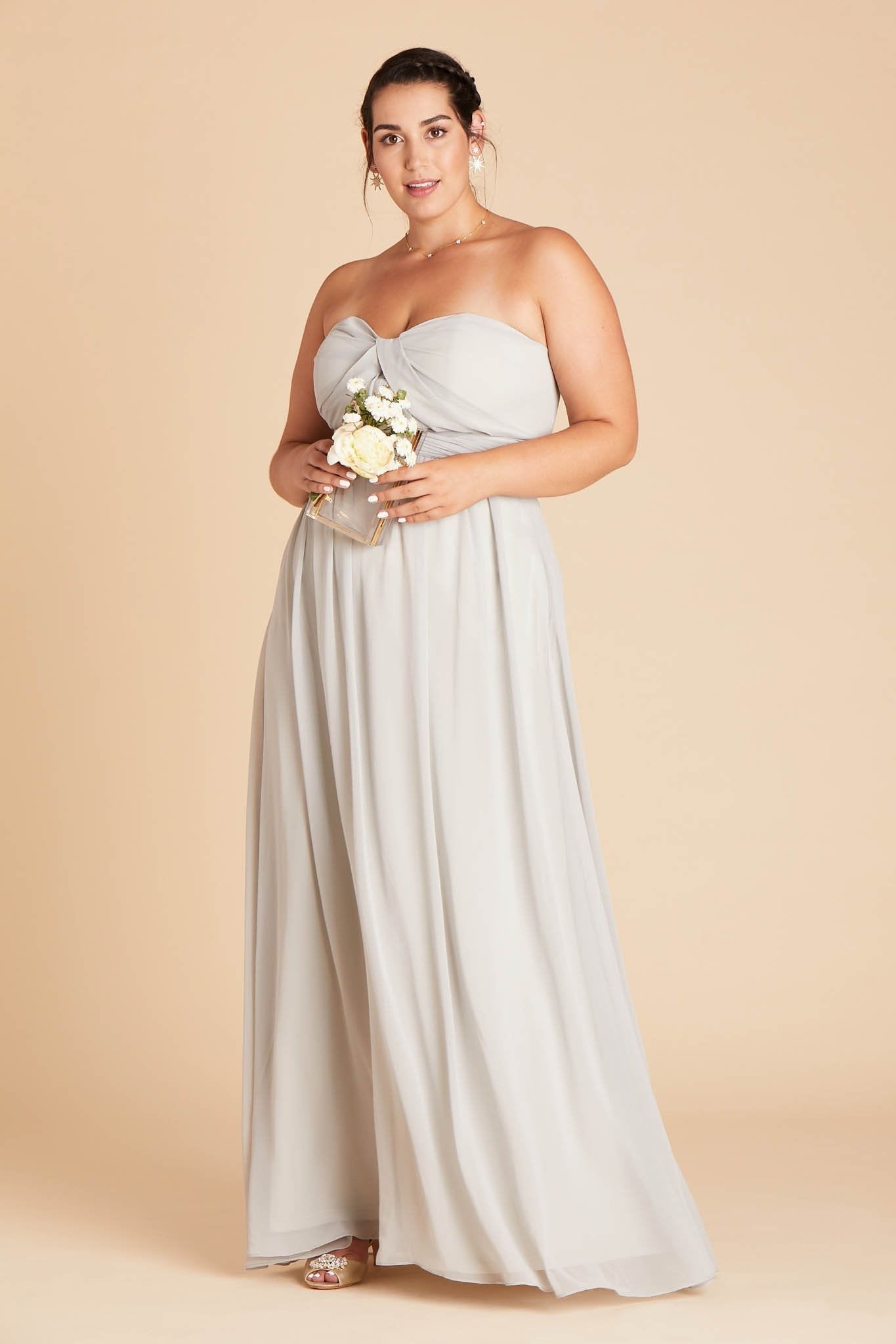 Grace convertible plus size bridesmaid dress in dove gray chiffon by Birdy Grey, side view