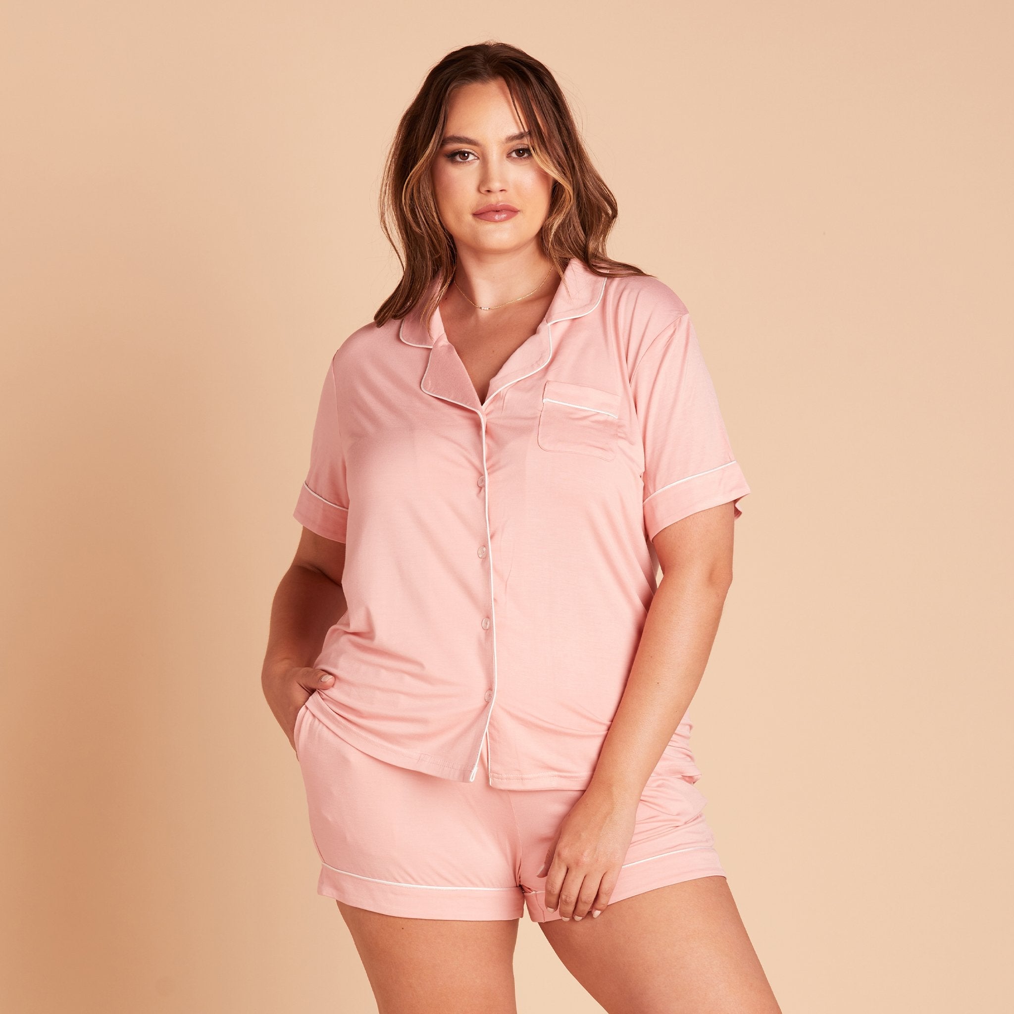 Jonny plus size Pajama Set in rose pink by Birdy Grey, front view