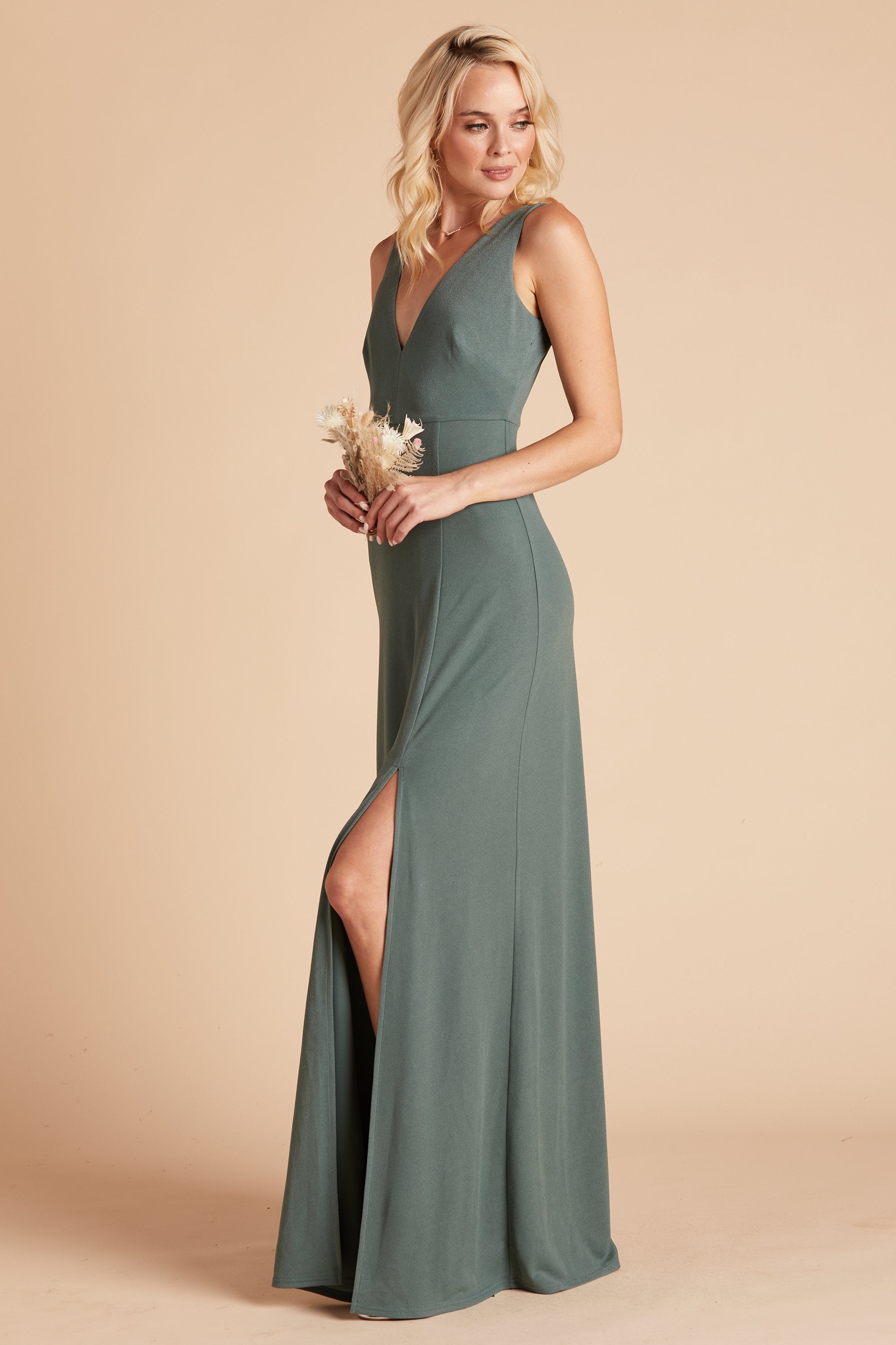 Shamin bridesmaid dress with slit in sea glass green crepe by Birdy Grey, side view