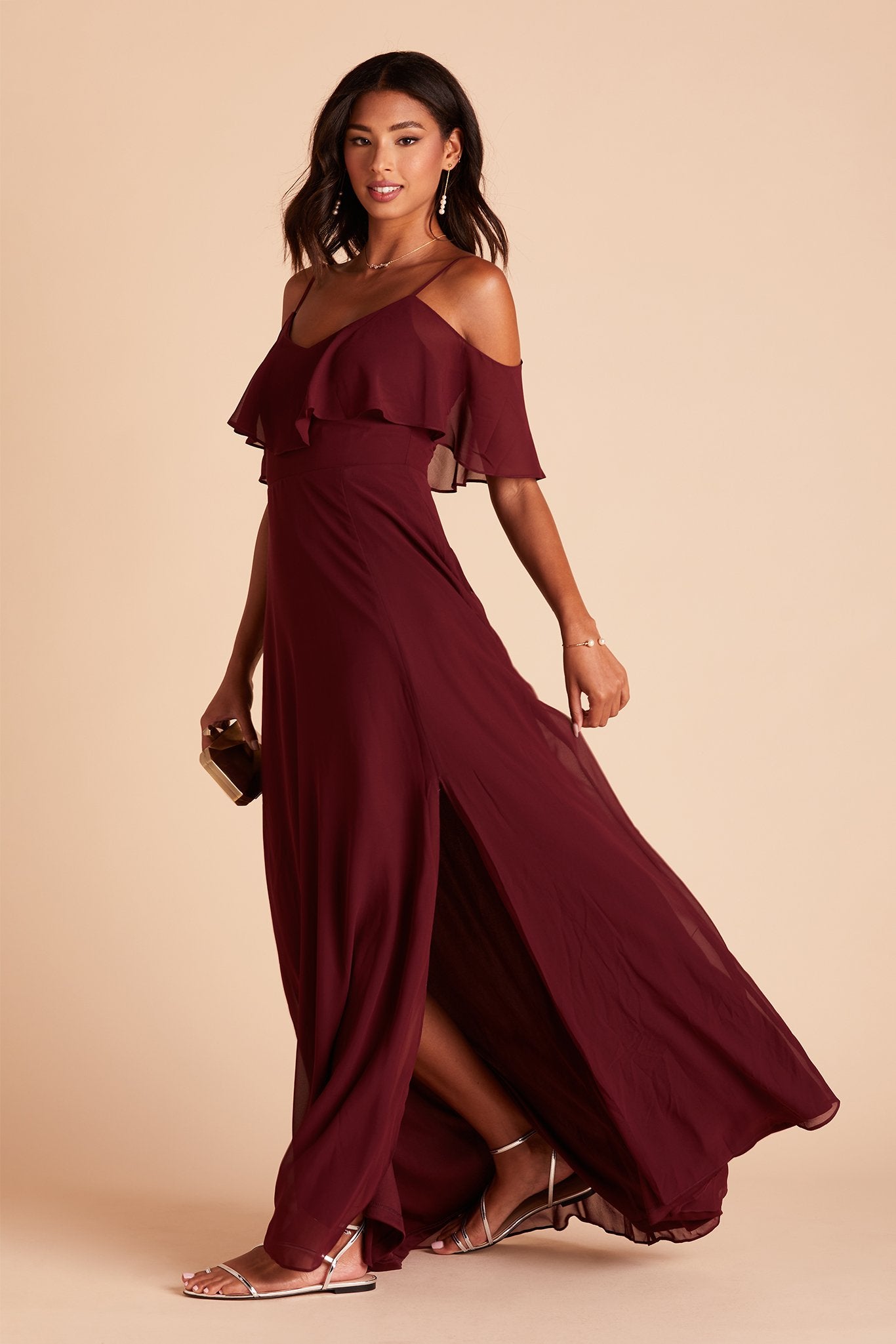 Jane convertible bridesmaid dress with slit in cabernet burgundy chiffon by Birdy Grey, side view