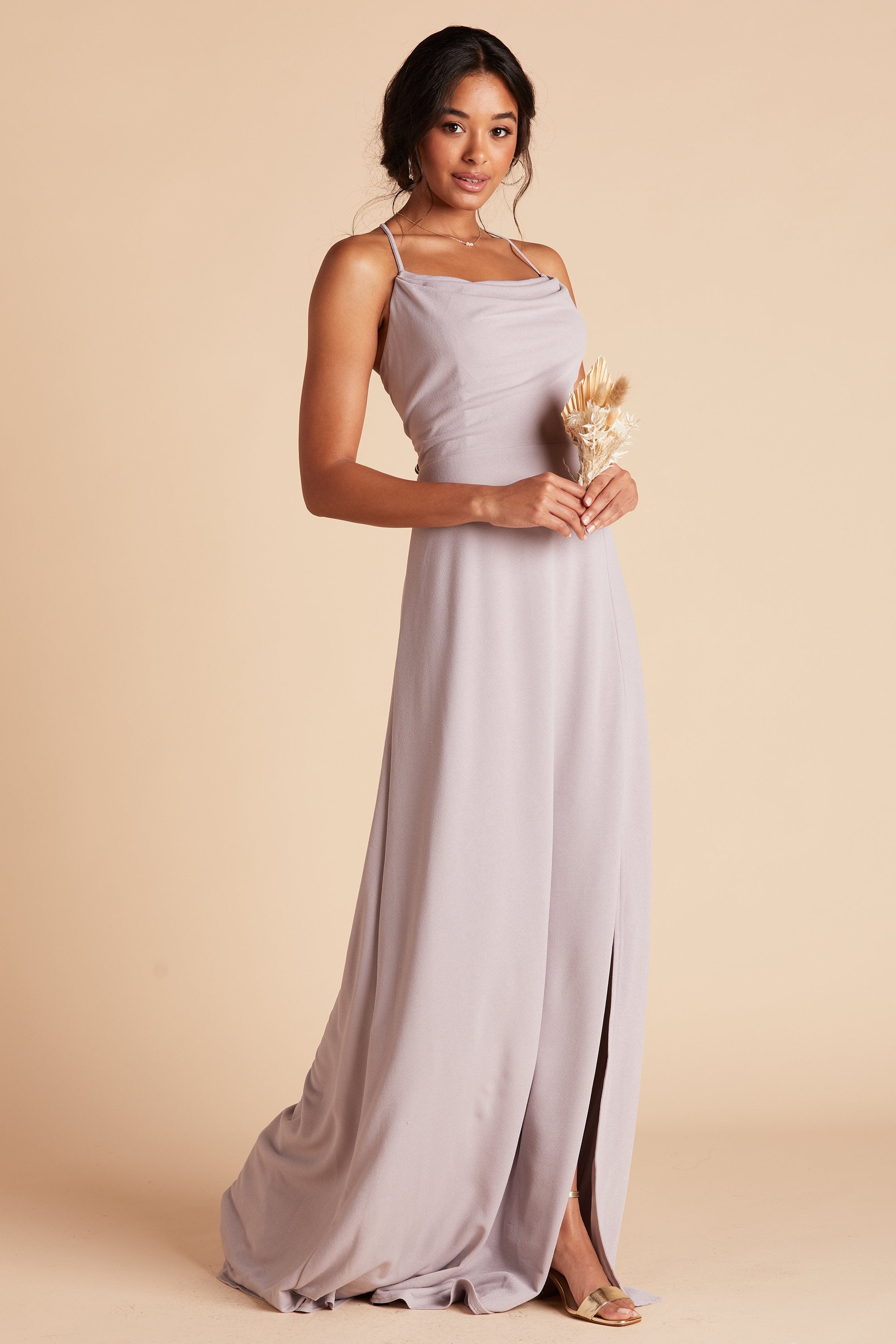 Ash bridesmaid dress with slit in lilac purple crepe by Birdy Grey, side view